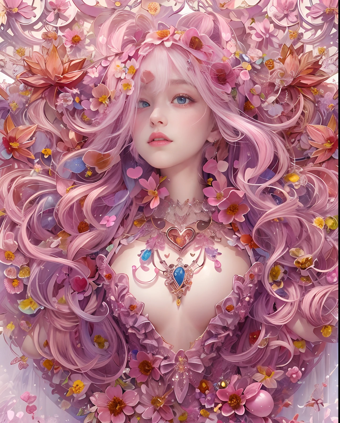 (masutepiece, of the highest quality, Best Quality, Official art, Beautiful and aesthetic:1.2), (1 Fantasy Girl), Extremely detailed, Glamorous Jewelry, long shapeless hair, (Fractal Art:1.3),Colorful,Highest detail.Express in the form of a heart、Ornaments in the form of hearts、Use a lot of heart shapes、Use a lot of heart shapes in the background、Use a lot of pink、Use a lot of flowers、Encrusted with heart-shaped jewelry、Bokeh in the shape of a heart、