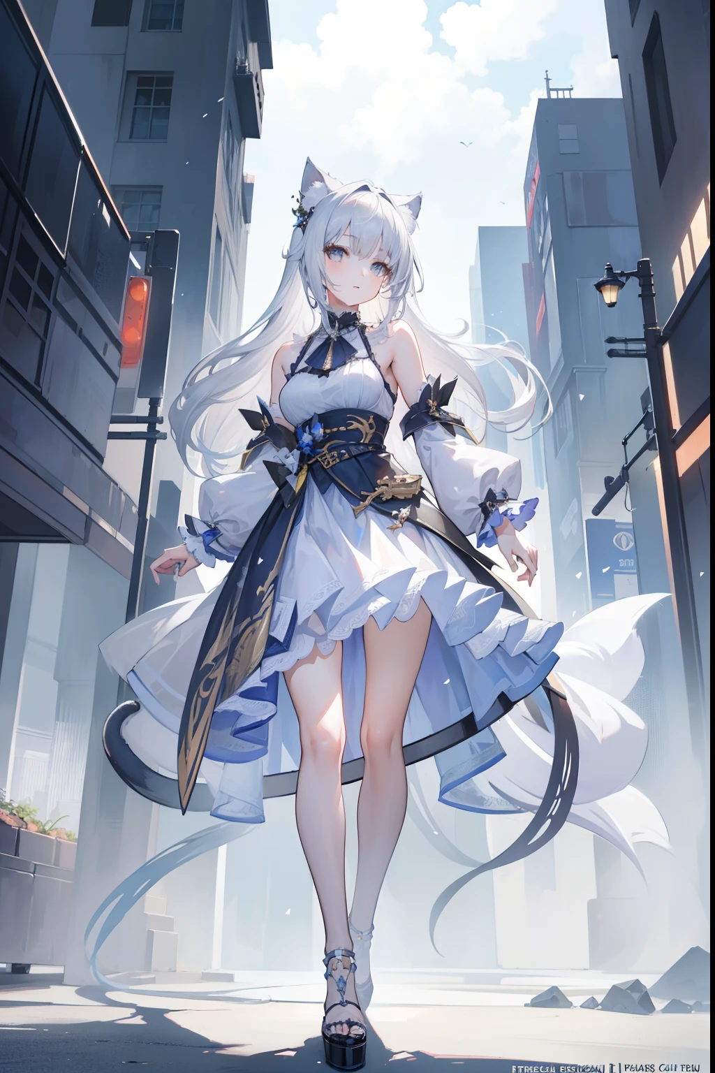 (Masterpiece, Best quality, high resolution: 1.2), 1 girl, Solo, double tails, With gray eyes, Upper body, dress, Silver hair, Cat ears，Thunder，Style Artgerm, Full body detail 4K，Dreamlike，and its detailed full-body detail 4K