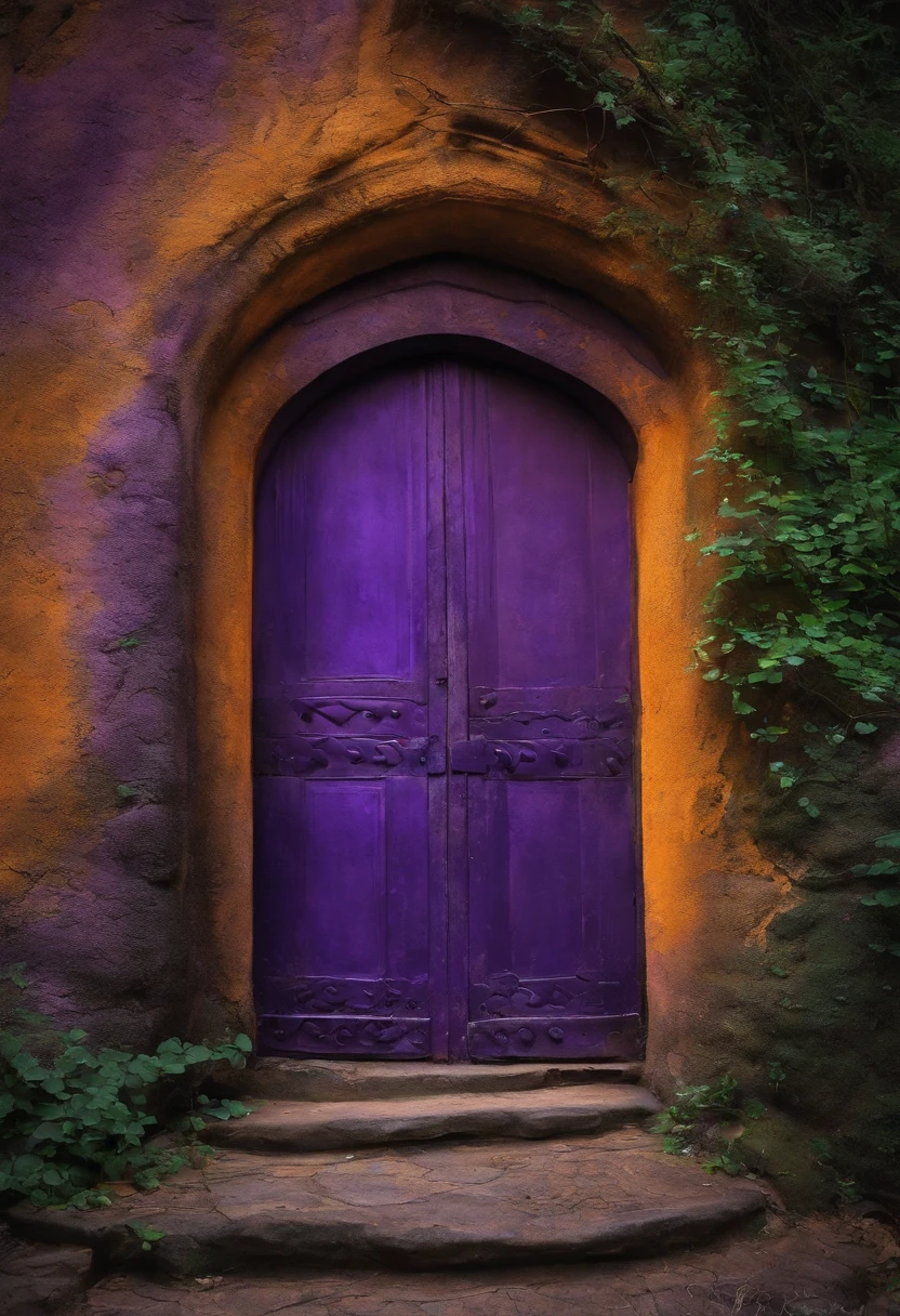 Uma porta de adega antiga ao ar livre, exuding purple energy through the cracks.