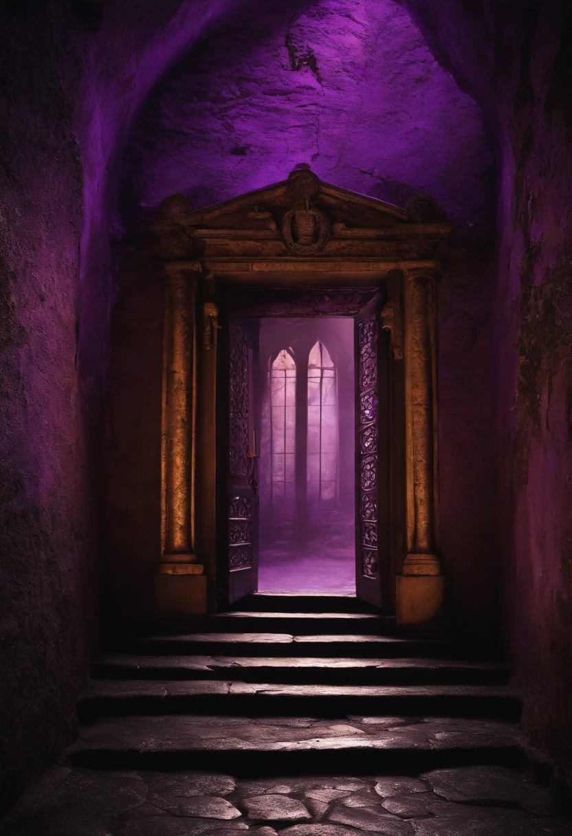 Uma porta de adega antiga ao ar livre, exuding purple energy through the cracks.
