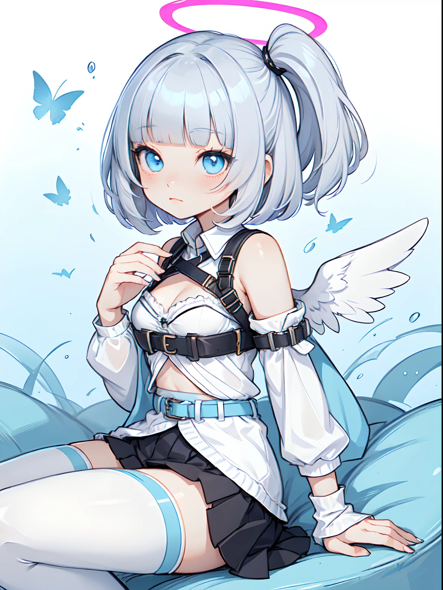 fullbody, 1 girl, floating sitting pose, ((blue halo,)) white hair, ((blunt bangs, straight bangs)), ((short hair)), ((hime cut)), ((bob cut hair)), ((side little ponytail)), sad, sniffle, white jersey, white tracksuit, light blue harness on chest, chest harness, belt on chest, black fingernails, fashion (((white skirt))), the skirt is white, mismatched thigh high stockings, cute blue wings on her back, with bandaids, adhesive bandages, cleavage_cutout, mismatched_legwear, asymmetrical_legwear, menhera