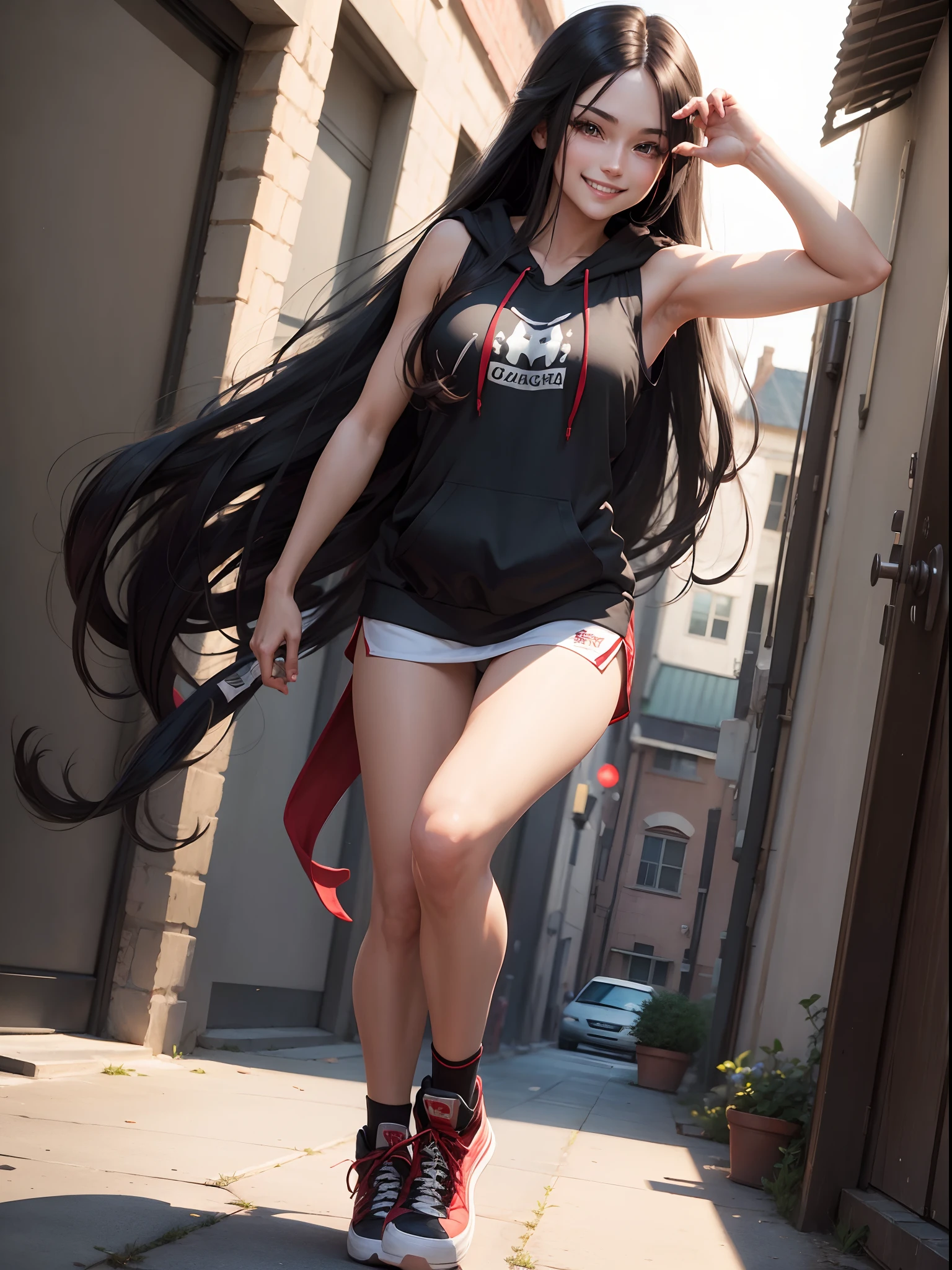 ((Masterpiece)), ((best quality)), Long Straight Hair, long hair, black hair, red eyes, medium breasts, black sleeveless shirt, shirt, spats, red Hoodie, sneakers smiling, smile, grin smile, cowboy shot, looking at viewers street