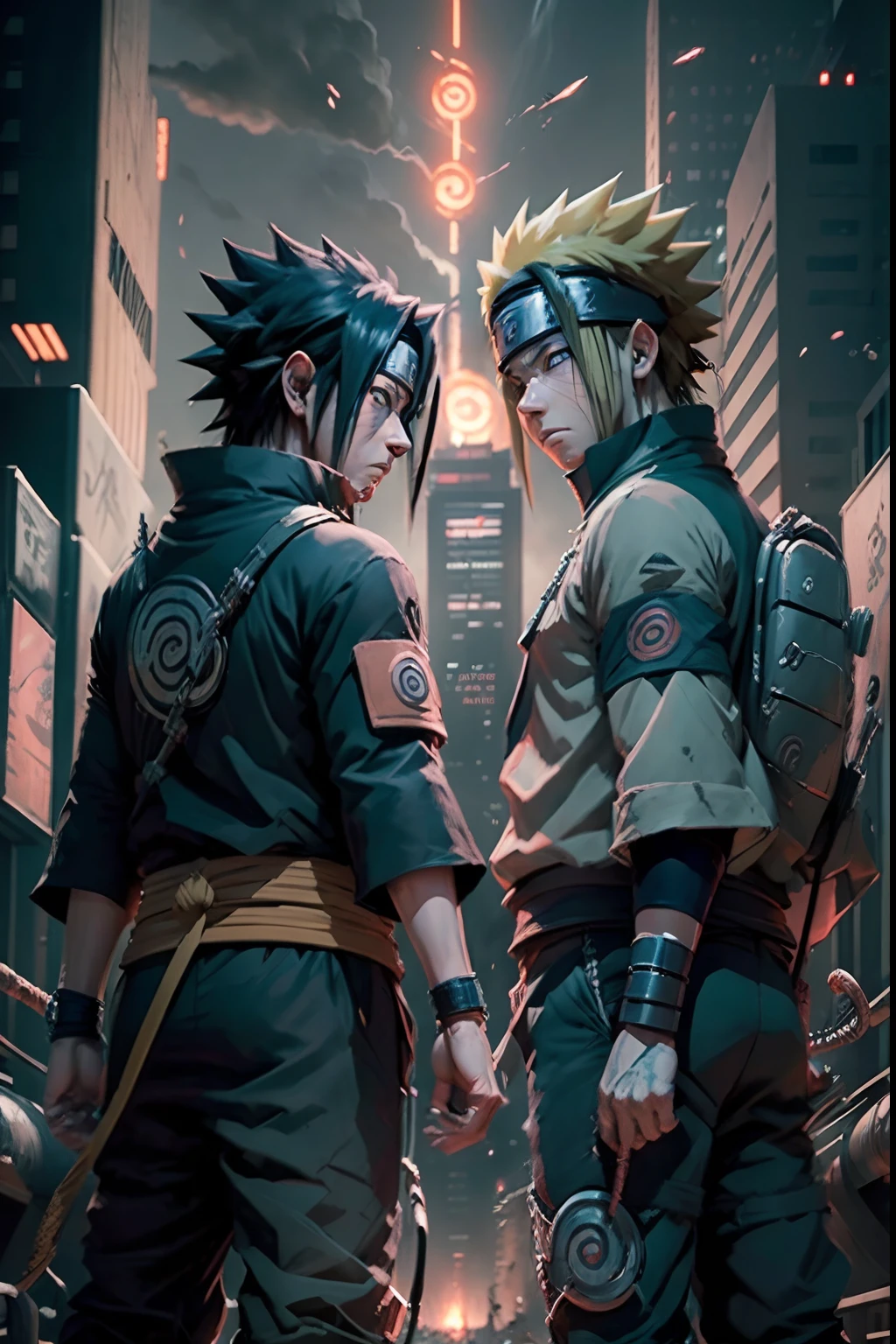 3d animation render, dynamic angle, epic fight scne, top quality, masterpiece, movie still, ((2boys)), (((uchiha sasuke and uzumaki naruto))), intricate building, konoha , firestorm, ((cityscape))