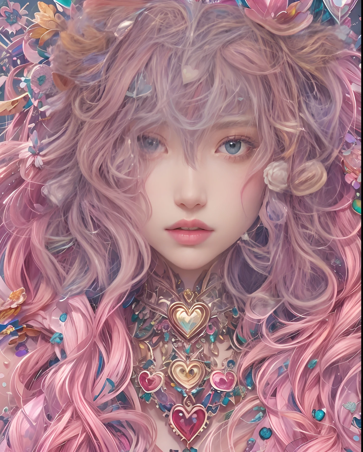 (masutepiece, of the highest quality, Best Quality, Official art, Beautiful and aesthetic:1.2), (1 Fantasy Girl), Extremely detailed, Glamorous Jewelry, long shapeless hair, (Fractal Art:1.3),Colorful,Highest detail.Express in the form of a heart、Ornaments in the form of hearts、Use a lot of heart shapes、Use a lot of heart shapes in the background、Use a lot of pink、Use a lot of flowers、Inlaid with heart-shaped jewelry、Heart-shaped bokeh、
