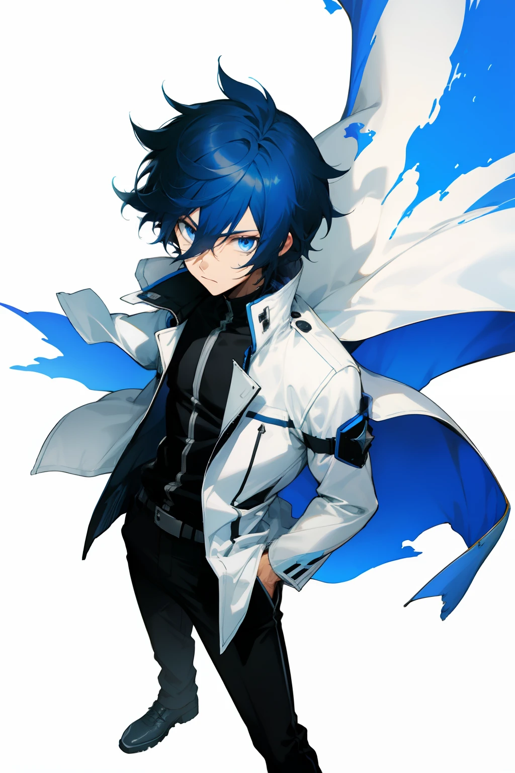 anime, boy, blue hair, medium short hair, dark blue eyes, stylish white jacket, black pants, Messy hair,