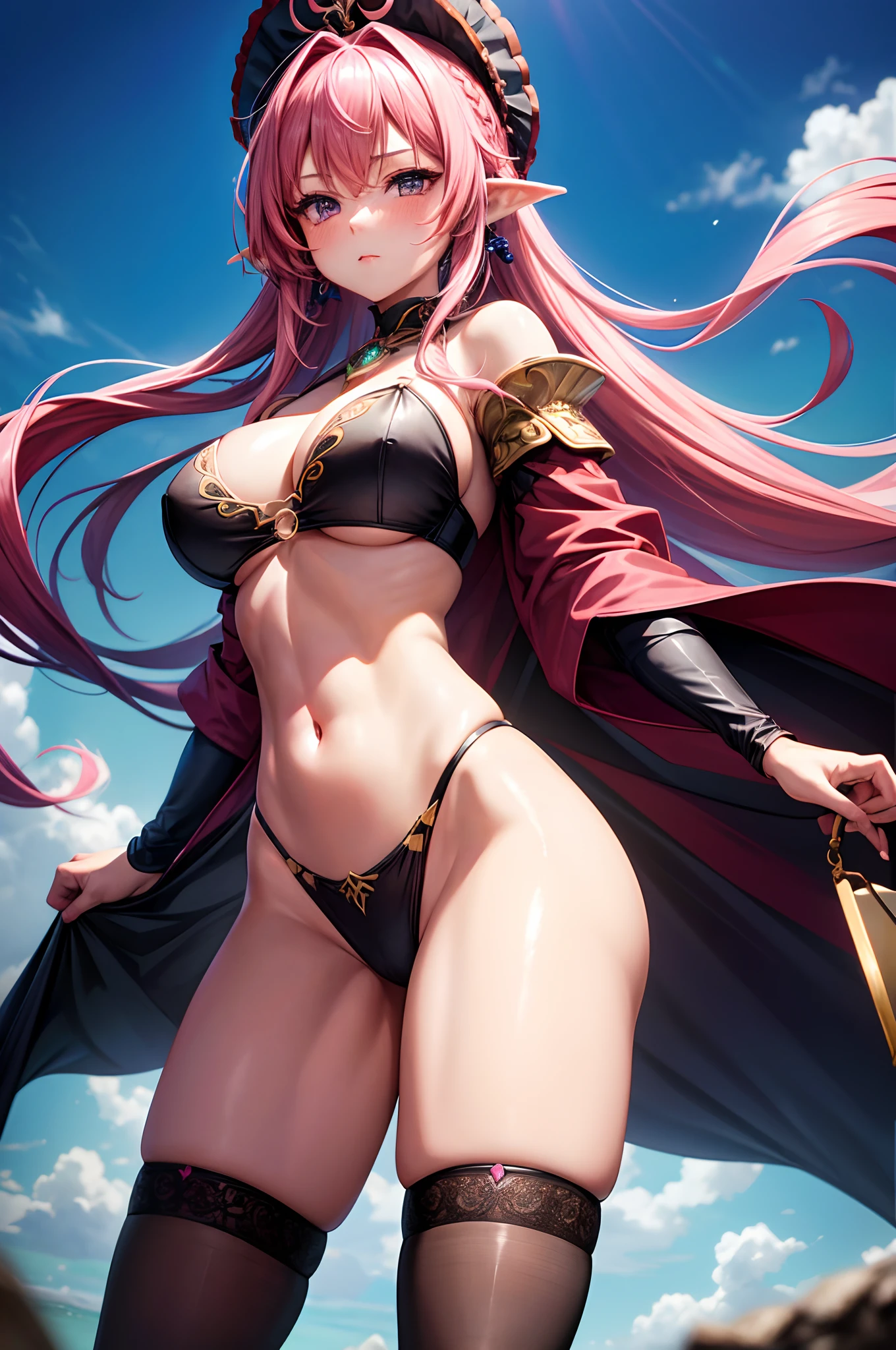 1girl, absurdres, high res, ultrasharp, 8K, masterpiece, looking at viewer, thighs, breasts, big breasts, underboob, cleavage, long hair, pink hair, multicolored hair, earings, thong, thigh highs, transparent, cloak, blush