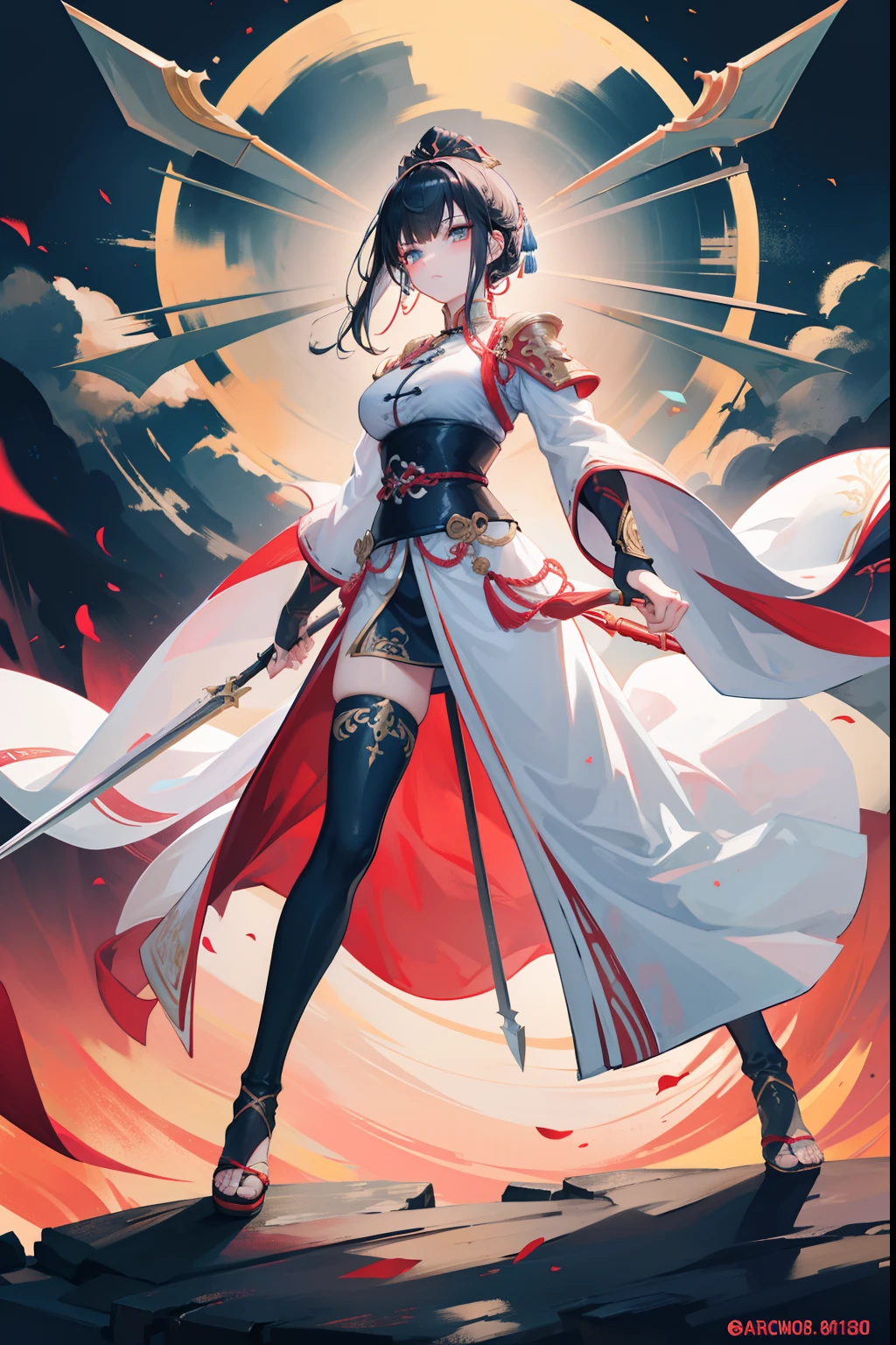 In front of a huge Chinese-style building,Image of a female swordsman holding a sword and a large number of swords,seductiveexpression,Fitted white robe ,black lence stockings,A bunch of black hair,green-eyed,front poses,typhoon,Thunder,Style Artgerm, Full body detail 4K,Dreamlike,and its detailed full-body detail 4K