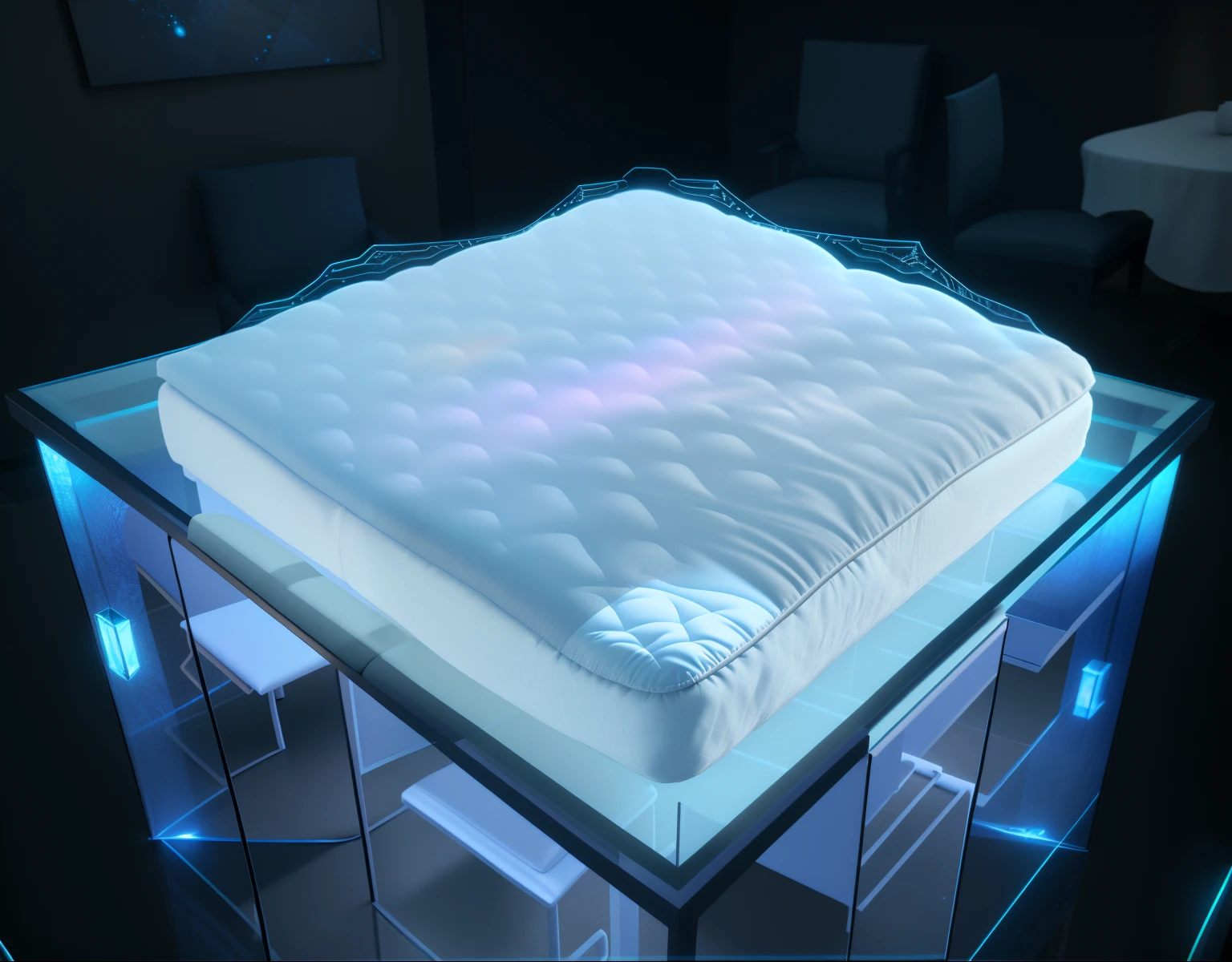 There was a mattress on the glass table, 3 d product render, metamorphosis complex 3d render, blueshift render, ultra realistic”, ultra realistic”, packaging lens, detail shots, Dynamic, dynamic scene, Melancholic soft light, 3 d render even lit, luxcore render, Vibrant and dynamic, octance render, stark