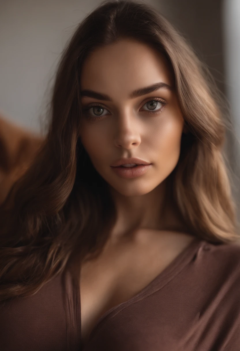 woman, topless, with panties, sexy girl with brown eyes, portrait sophie mudd, brown hair and large eyes, selfie of a young woman, bedroom eyes, violet myers, without makeup, natural makeup, looking directly at the camera doing smile face with artgram, subtle makeup, stunning full body shot, in bedroom