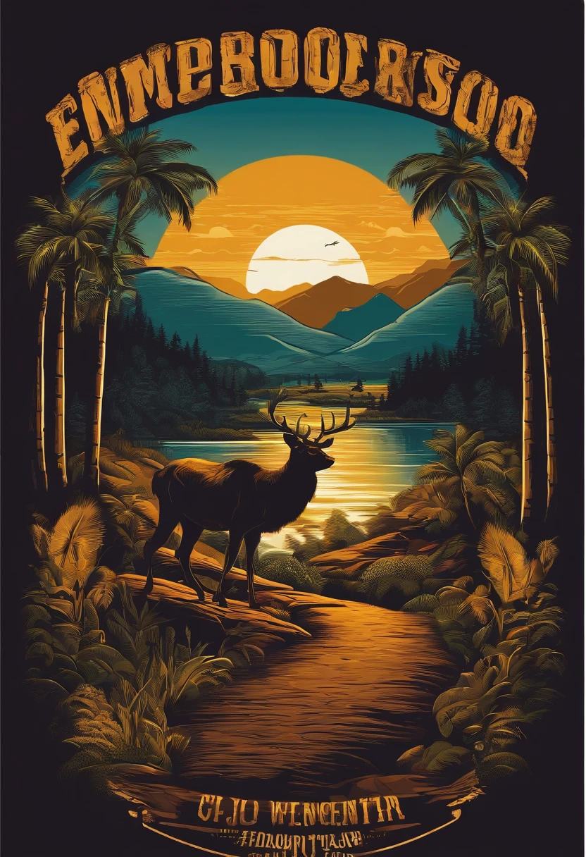 print-ready vector t-shirt design, cena de aventura com explorador, com belo sol noturno e montanha ao fundo, fundo branco limpo, vetor profissional, tiro completo, 8K resolution, Deep print illustration
