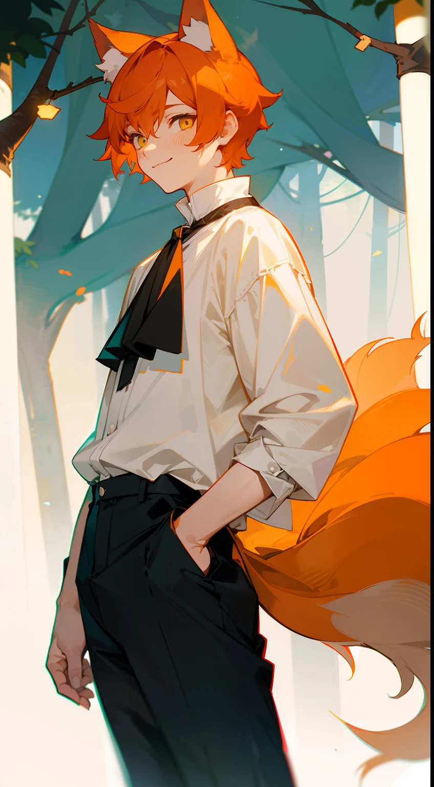 1boy,solo,20s,happy face,white blouse,black pants, Orange hair,short hair,yellow eyes,wolf ears,wolf tail, standing in front of a forest