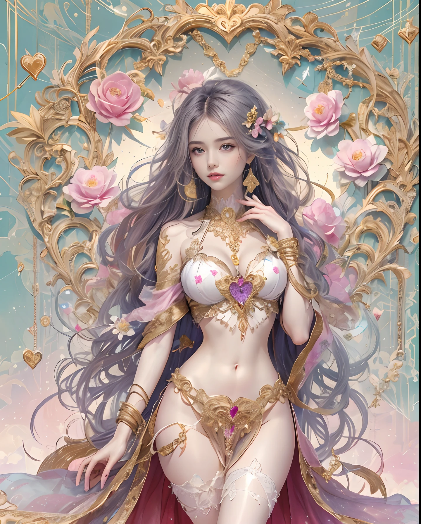 (masutepiece, of the highest quality, Best Quality, Official art, Beautiful and aesthetic:1.2), (1 Fantasy Girl), Extremely detailed, Glamorous Jewelry, long shapeless hair, (Fractal Art:1.3),Colorful,Highest detail.Express in the form of a heart、Ornaments in the form of hearts、Use a lot of heart shapes、Use a lot of heart shapes in the background、Use a lot of pink、Use a lot of flowers、Inlaid with heart-shaped jewelry、Heart-shaped bokeh、Angle from above the knee、Breasts are small and B size、A slender、Cleavage is visible。Paws are thin and beautiful,the skin is white and transparent,high-heels、Gold Anklet、