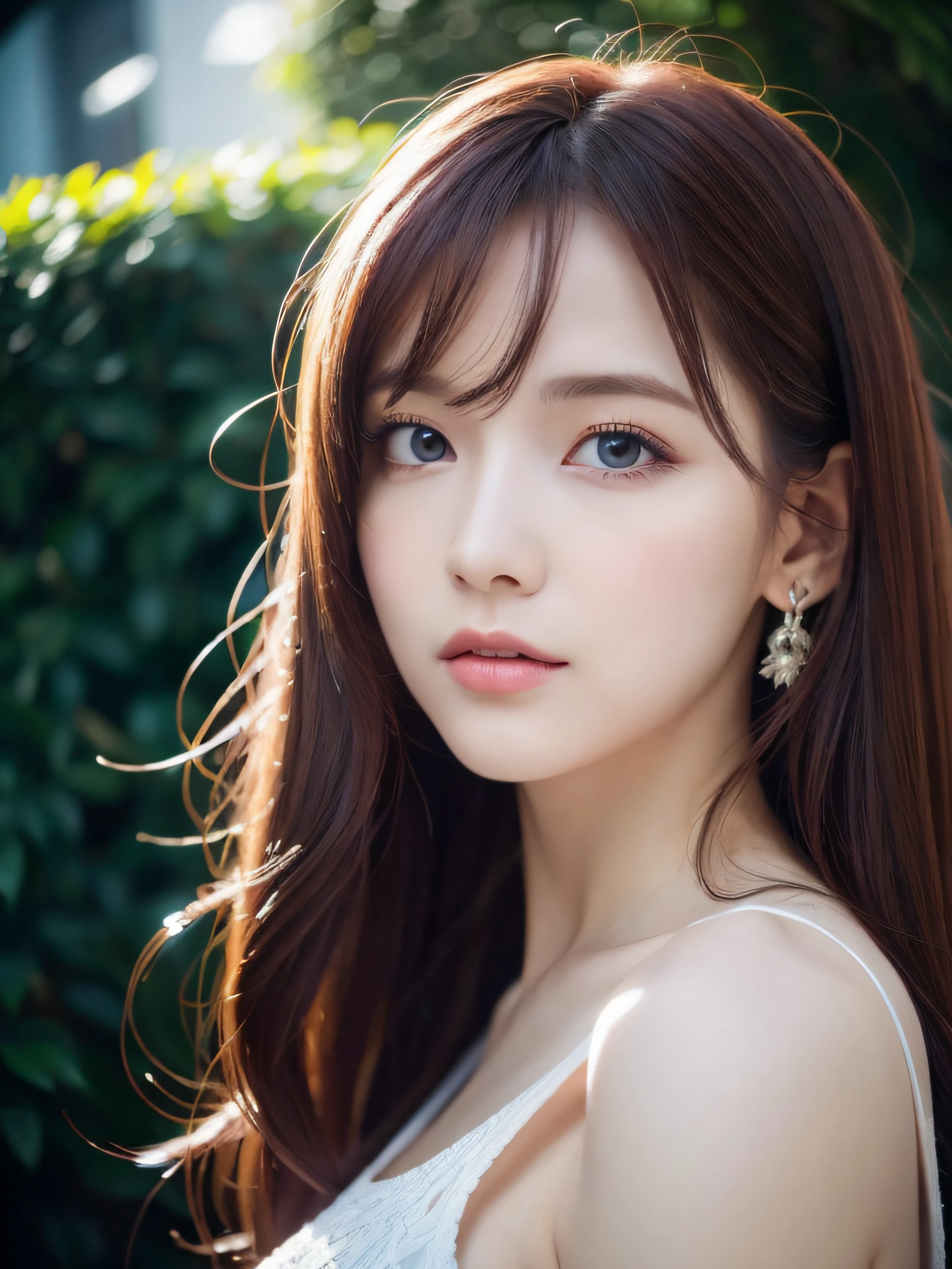 Top image quality, masterpiece level, Ultra-high resolution, Realism, Fantasy Theme, arma, Facial details, girl with, Single, , Fairy tale theme, Upper body, Modern architecture, loimu, Get detailed outdoor lighting and movie lighting, increase detailed overall ambient light, Face and eye details, improve the realism of body details, clearly express sharp focus, deadpan, White clothes, Burgundy hair, Bright eyes, Simple background.