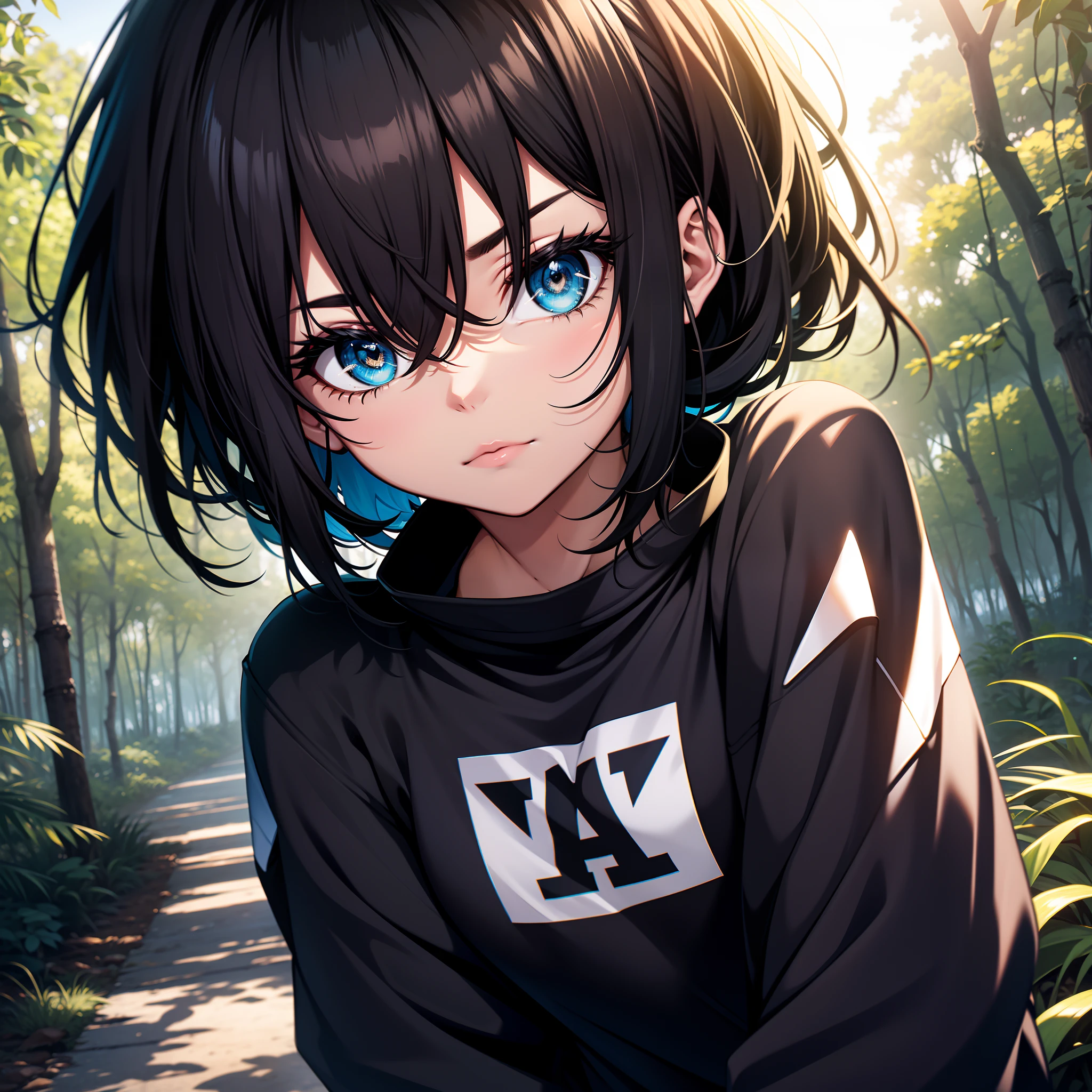 Garota,cabelo preto de franja,olho azul,peitos pequenos,blusa de frio branca, shortinho curto preto,ajoelhada em um bosque