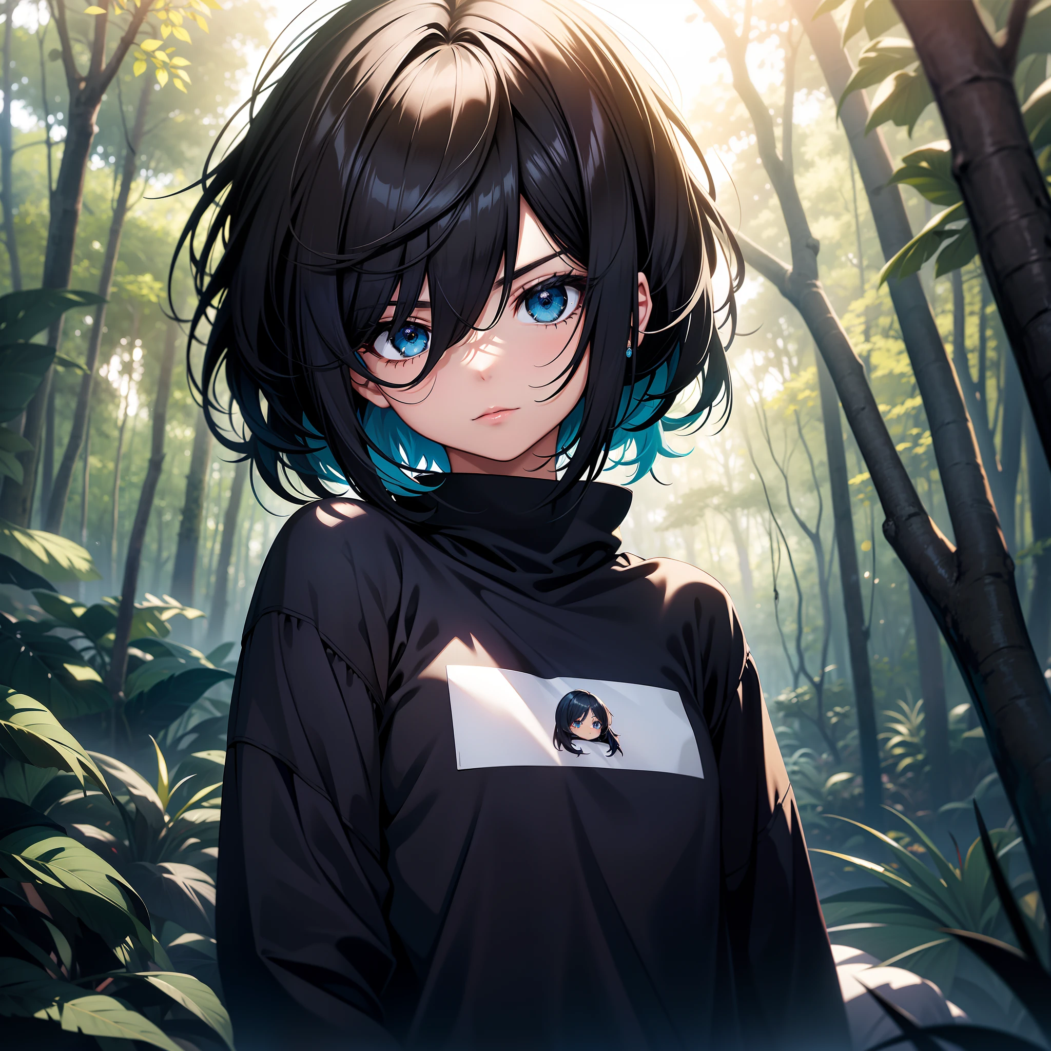 Garota,cabelo preto de franja,olho azul,peitos pequenos,blusa de frio branca, shortinho curto preto,ajoelhada em um bosque