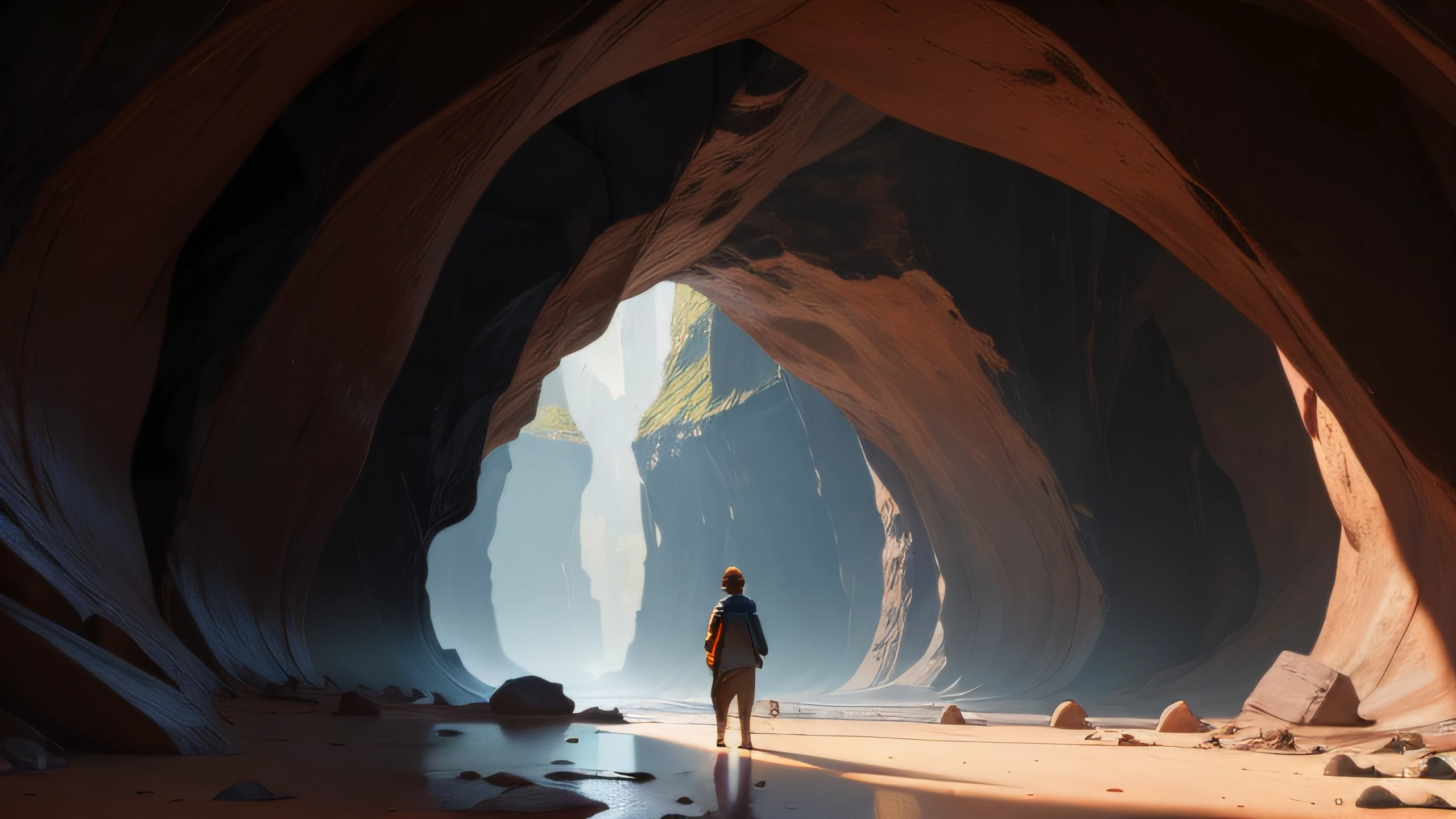 a boy standing infront of cave,3d art,midjourney,oilpaint,4k,high qualty,high details