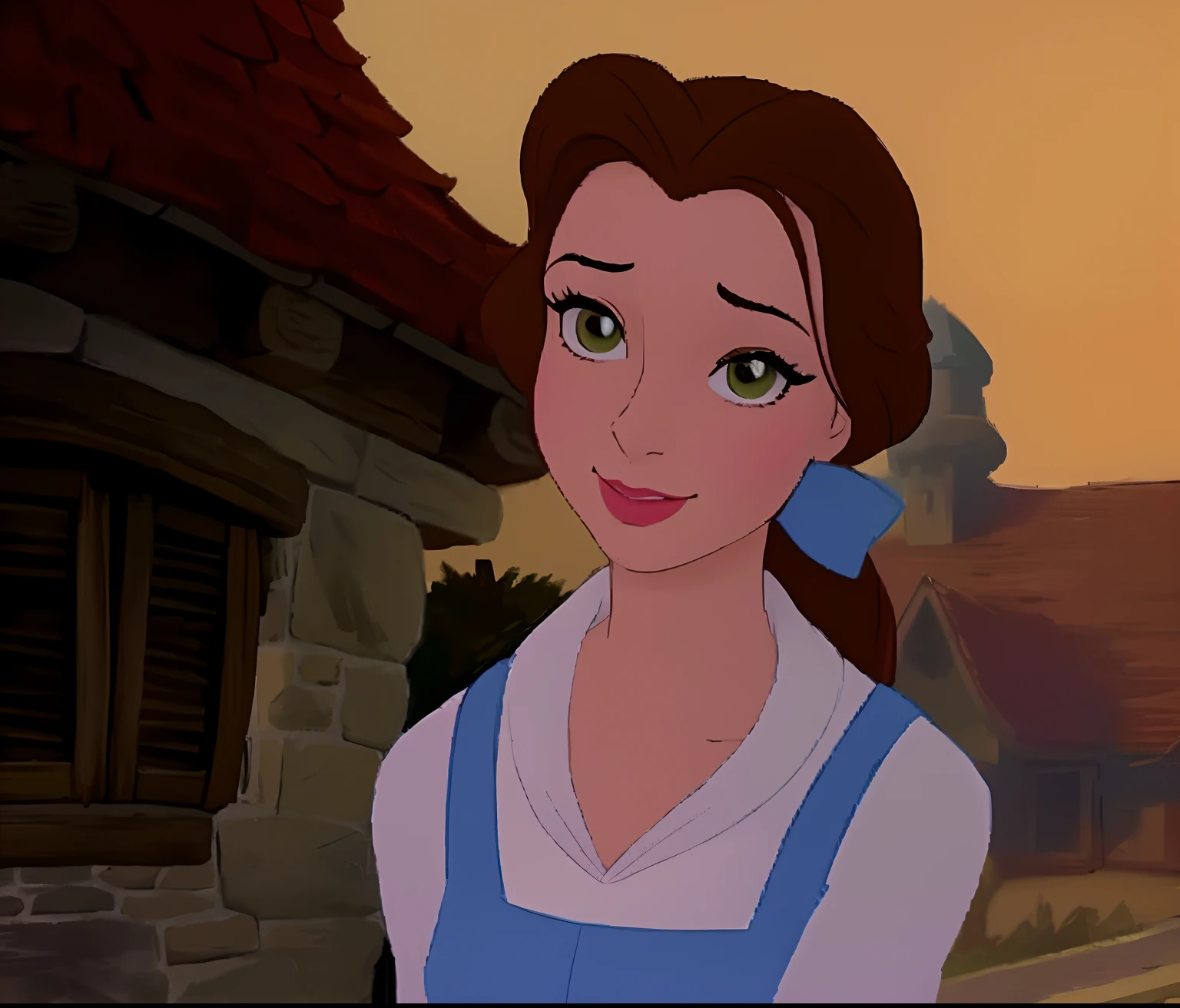 a close up of a cartoon character with a blue dress, belle, disney character, beauty and the beast, by disney, beautiful female dorothy gale, disney 2d animation still, style of disney animation, disney cartoon face, in style of disney animation, portrait of megara, but a stern look about her, megara, art in the style of disney, long hair