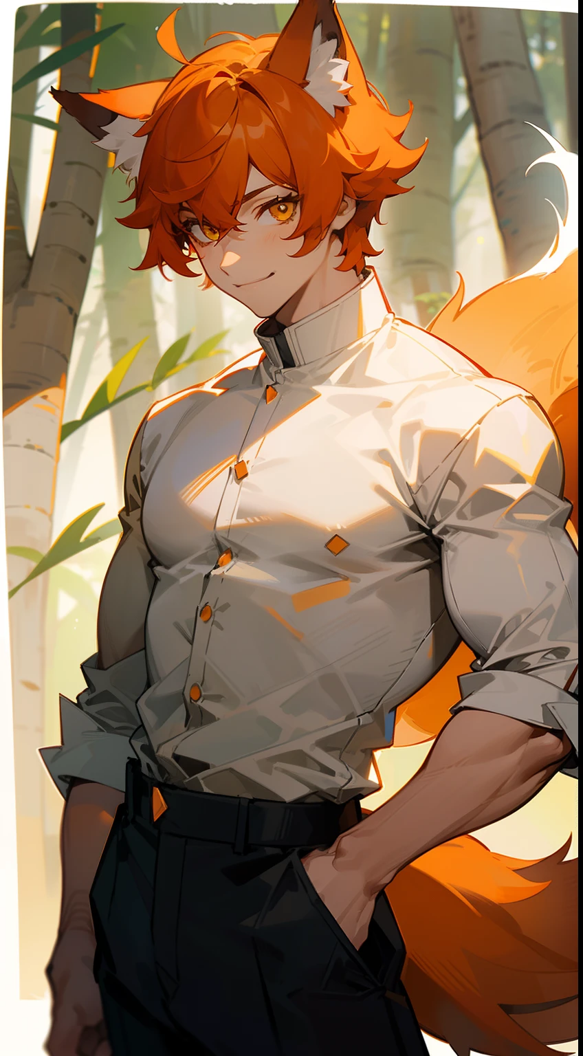 1boy,solo,20s,muscles,happy face,white shirt,black pants, Orange hair,short hair,yellow eyes,wolf ears,wolf tail, standing in front of a forest