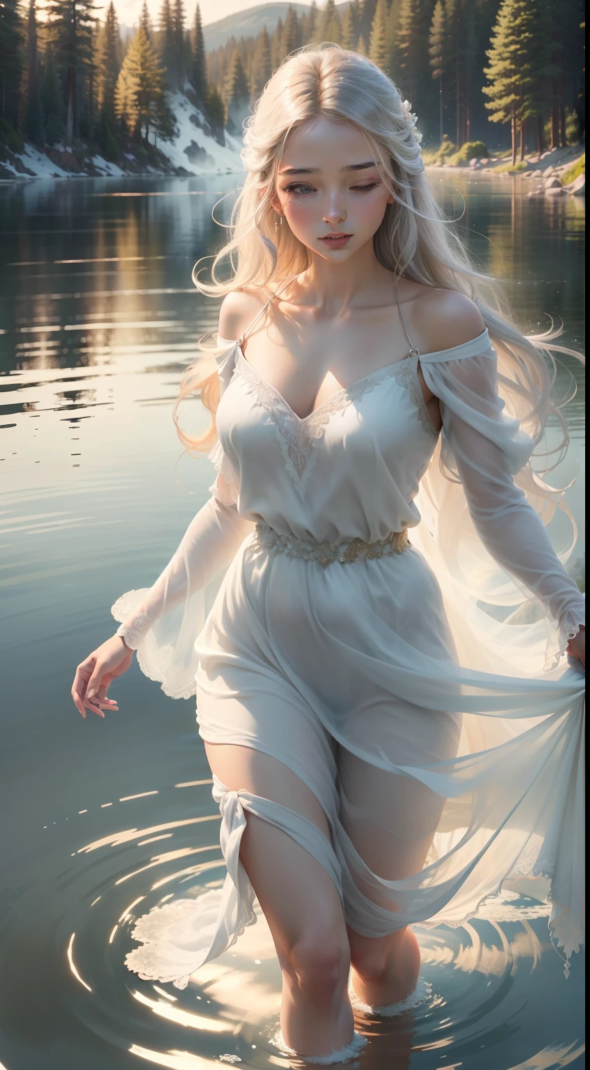 (a girl:1.1) waking on (top of) a (beautiful,peaceful) lake, in the (early) morning light, with (golden,soft) sunlight (gently) reflecting on the water, surrounded by (lush,green) (lush,green,overflowing) (lush,green,tall) trees and (colorful,fragrant) flowers (blooming,flowering) on the (lake) shore. The (bright,sparkling) water is (crystal clear,translucent) and (ripples,gently ripples) as she steps on it. Her (long,flowing) hair is (floating,dancing) in the (gentle,breeze,breeze:1.1) and her (beautiful detailed eyes,beautiful detailed lips,extremely detailed eyes and face,long eyelashes) sparkle with (joy,happiness,happiness:1.1). She is (wearing,dressed in) a (flowing,airy) white dress that (accentuates,compliments) her (lovely,graceful) figure as she (walks,gazes) (gracefully,serenely) across the (calm,still) surface, leaving (delicate,radiant) footprints behind. The scenery is (magical,enchanted), as if from a (dream,fairytale), with (subtle,subtle:0.9) fog (floating,hanging) above the water, adding a touch of (mystery,magic) to the (peaceful,tranquil) atmosphere. The (morning) sky is (painted with,streaked with) soft (pastel,pastel:1.1) colors, creating a (serene,calming) and (dreamlike,ethereal) ambiance. The entire scene feels (serene,peaceful,harmonious) and (full of life,vibrant), evoking a sense of (warmth,joy) and (wonder,awe). The (best quality,4k,8k,highres,masterpiece:1.2) image is (realistic,photorealistic,photo-realistic:1.37), with (vivid colors,sharp details) and (ultra-detailed,ultra-detailed:1.1) textures, capturing the (beauty,wonder) of the girl and the surrounding nature with (professional,artistic) precision. The lighting is (soft,gentle), creating (subtle shadows,warm highlights) that enhance the (atmosphere,mood) of the scene.