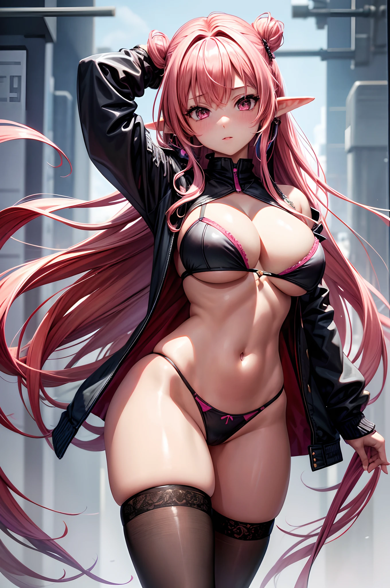 1girl, absurdres, high res, ultrasharp, 8K, masterpiece, looking at viewer, thighs, breasts, big breasts, underboob, cleavage, long hair, pink hair, multicolored hair, earings, thong, thigh highs, transparent, jacket, blush, hands behind head