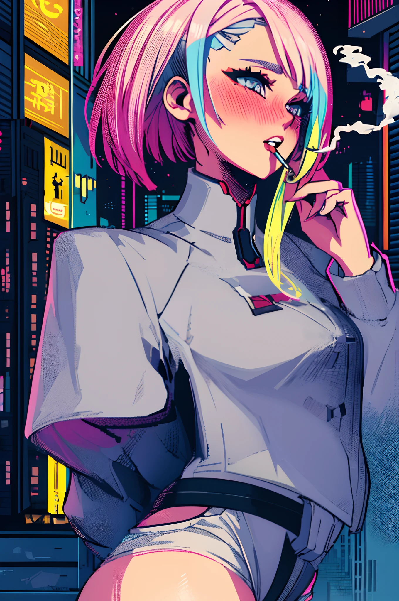 ((1 girl:1.4)), ((masterpiece)),absurdres, highres, best quality, (blush:1.3), pixelart, lucy \(cyberpunk\), 1girl, against railing, arm rest, bangs, bare shoulders, belt, black belt, black leotard, black pants, blurry, bob cut, breasts, building, cigarette, cityscape, clothing cutout, cropped jacket, cyberpunk, depth of field, from side, gradient eyes, grey eyes, grey hair, holding, holding cigarette, jacket, leotard, lips, long sleeves, looking afar, looking ahead, mechanical parts, medium breasts, multicolored eyes, multicolored hair, night, night sky, off shoulder, open clothes, open jacket, outdoors, pants, parted lips, railing, red eyeliner, science fiction, short hair with long locks, short shorts, shorts, sidelocks, sky, smoke, smoking, solo, standing, teeth, thigh cutout, upper teeth only, white jacket, white shorts, cyberpunk \(series\), cyberpunk edgerunners, detailed face, detailed eyes, thick outlines, comics, photorealistic, perfect hands, masterpiece:1.2, (cowboy shot:1.3)