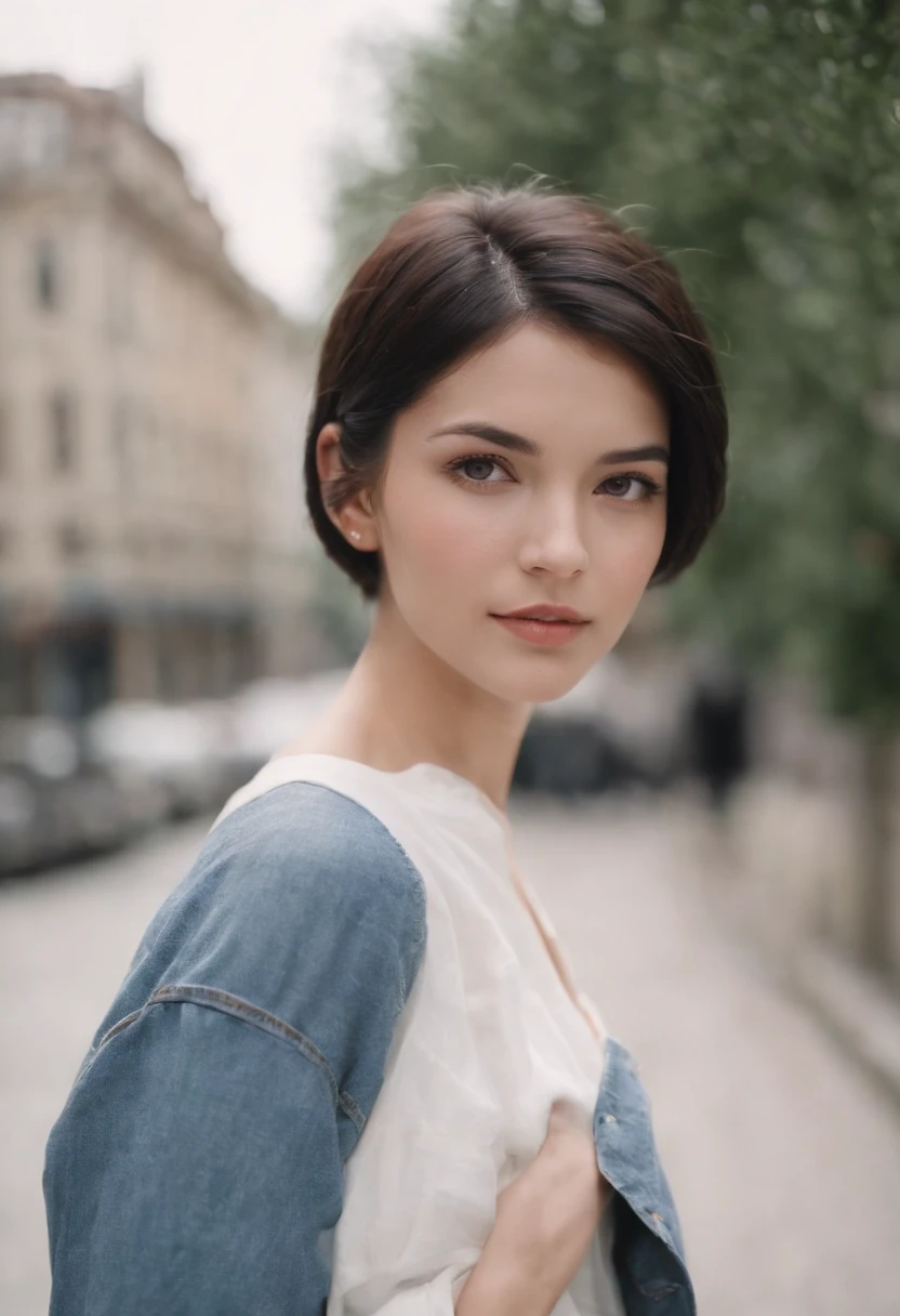 a young woman with Short black hair standing outside, in the style of cool,White blouse, baggy denim pants, zeiss planar t* 80mm f/2.8, kodak portra, uhd image, sovietwave, distinct facial features,