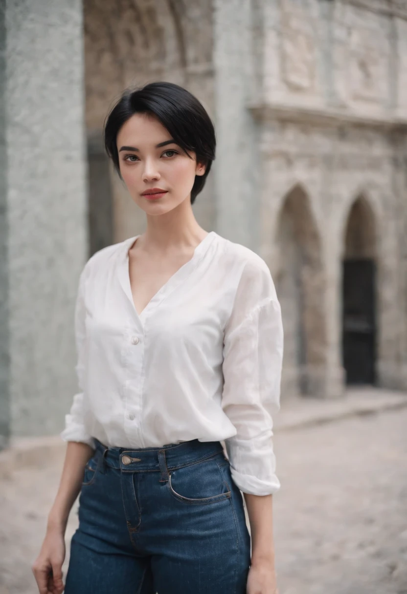 a young woman with Short black hair standing outside, in the style of cool,White blouse, baggy denim pants, zeiss planar t* 80mm f/2.8, kodak portra, uhd image, sovietwave, distinct facial features