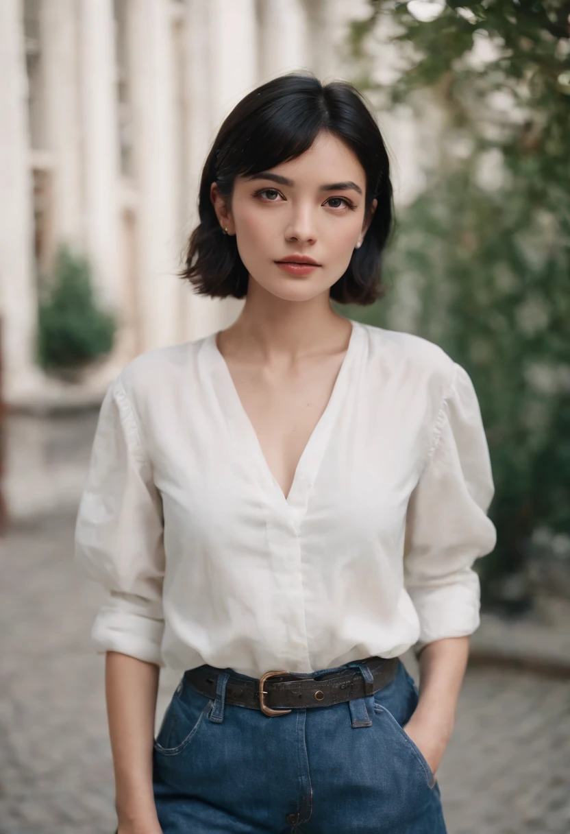 a young woman with Short black hair standing outside, in the style of cool,White blouse, baggy denim pants, zeiss planar t* 80mm f/2.8, kodak portra, uhd image, sovietwave, distinct facial features,