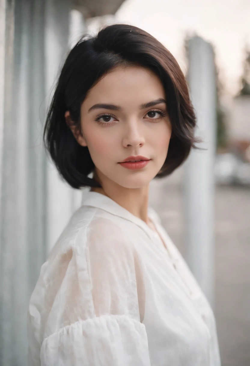 a young woman with Short black hair standing outside, in the style of cool,White blouse, baggy denim pants, zeiss planar t* 80mm f/2.8, kodak portra, uhd image, sovietwave, distinct facial features,
