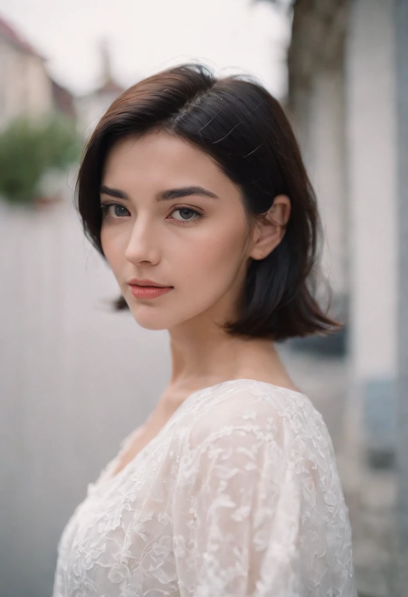 a young woman with Short black hair standing outside, in the style of cool,White blouse, baggy denim pants, zeiss planar t* 80mm f/2.8, kodak portra, uhd image, sovietwave, distinct facial features,