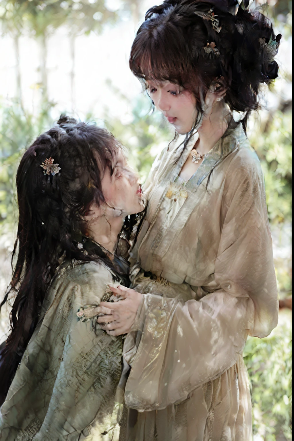 there are two women that are hugging each other in a room, kissing together cutely, soft light from the side, taken with canon eos 5 d, beautifully soft lit, woman holding another woman, taken with canon eos 5 d mark iv, taken with canon 5d mk4, lovely kiss, WLOP and Sakimichan, Two girls