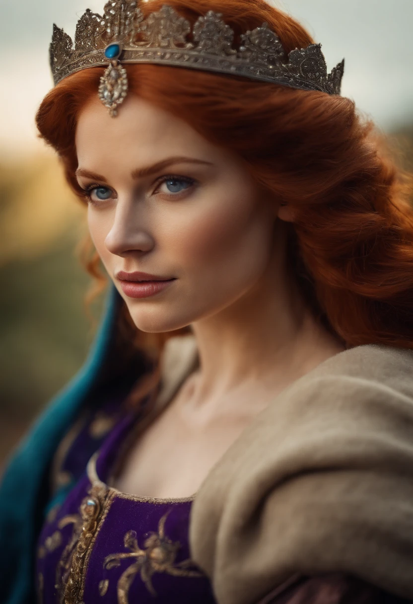 The most beautiful redhead medieval queen beautiful beauty in the world, Soaked all over, Cinematic texture, Best quality, Movie poster, Soft lighting, Warm colors,blue eyes, perfect nose, round face, straight eyebrow, full body, (big-breasted:1.5), purple dress, 8K, NVIDIA RTX, 30 years old.