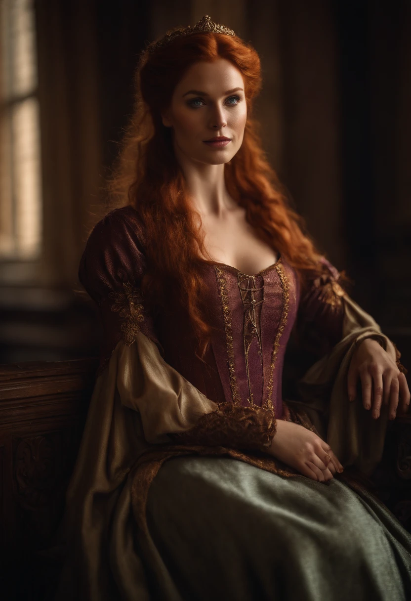 The most beautiful redhead medieval queen beautiful beauty in the world, Soaked all over, Cinematic texture, Best quality, Movie poster, Soft lighting, Warm colors,blue eyes, perfect nose, round face, straight eyebrow, full body, (big-breasted:1.5), purple dress, 8K, NVIDIA RTX, 30 years old.