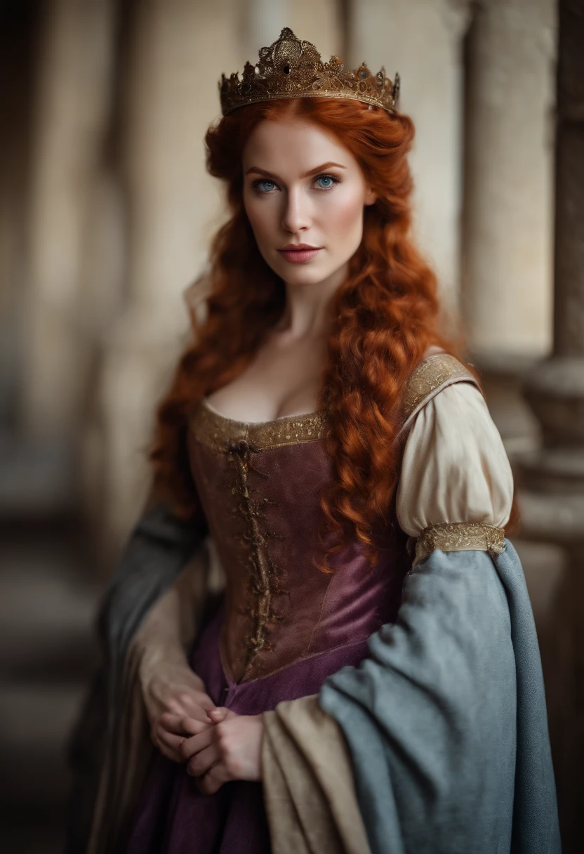 The most beautiful redhead medieval queen beautiful beauty in the world, Soaked all over, Cinematic texture, Best quality, Movie poster, Soft lighting, Warm colors,blue eyes, perfect nose, round face, straight eyebrow, full body, (big-breasted:1.5), purple dress, 8K, NVIDIA RTX, 30 years old.