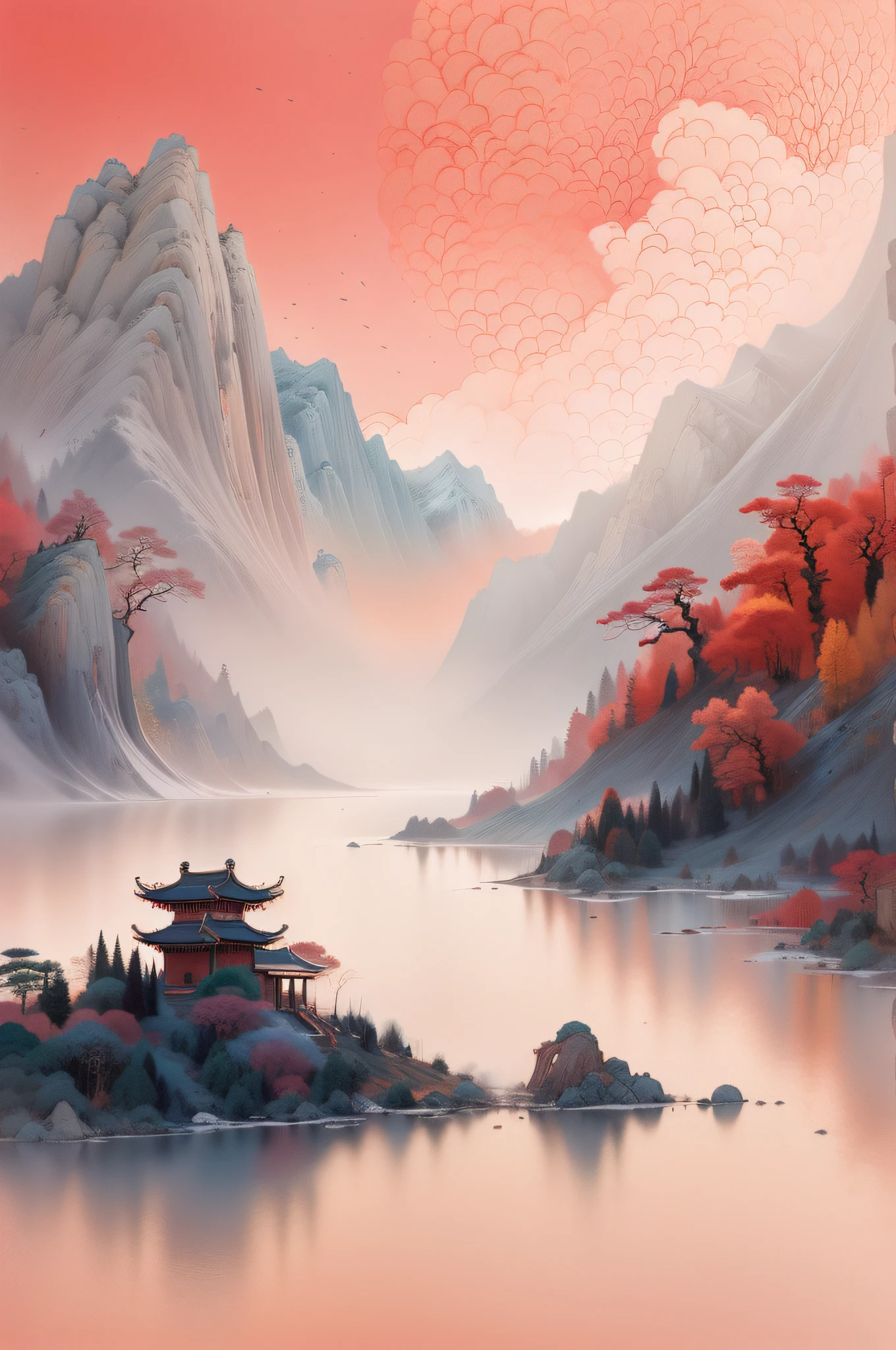 ((Masterpiece)),((Best quality)),((High- sharpness)),((Realistic)) ，（Many mountains），Chinese landscape ,closeup view,Mist ,Heavy fog,Lakes and waves,snow mountains,Reflection,Minimalism,zen aesthetic,Zen composition,Chinese landscape painting,4K((Masterpiece)),((Best quality)),((High- sharpness)), ((Utra Sharp:1.4)), Clear background ,John Bowson，Backlight,Tyndall effect,A bird, Sparkling lake , Pink octane rendering science fiction, New Moon, Red sky, Gradient background