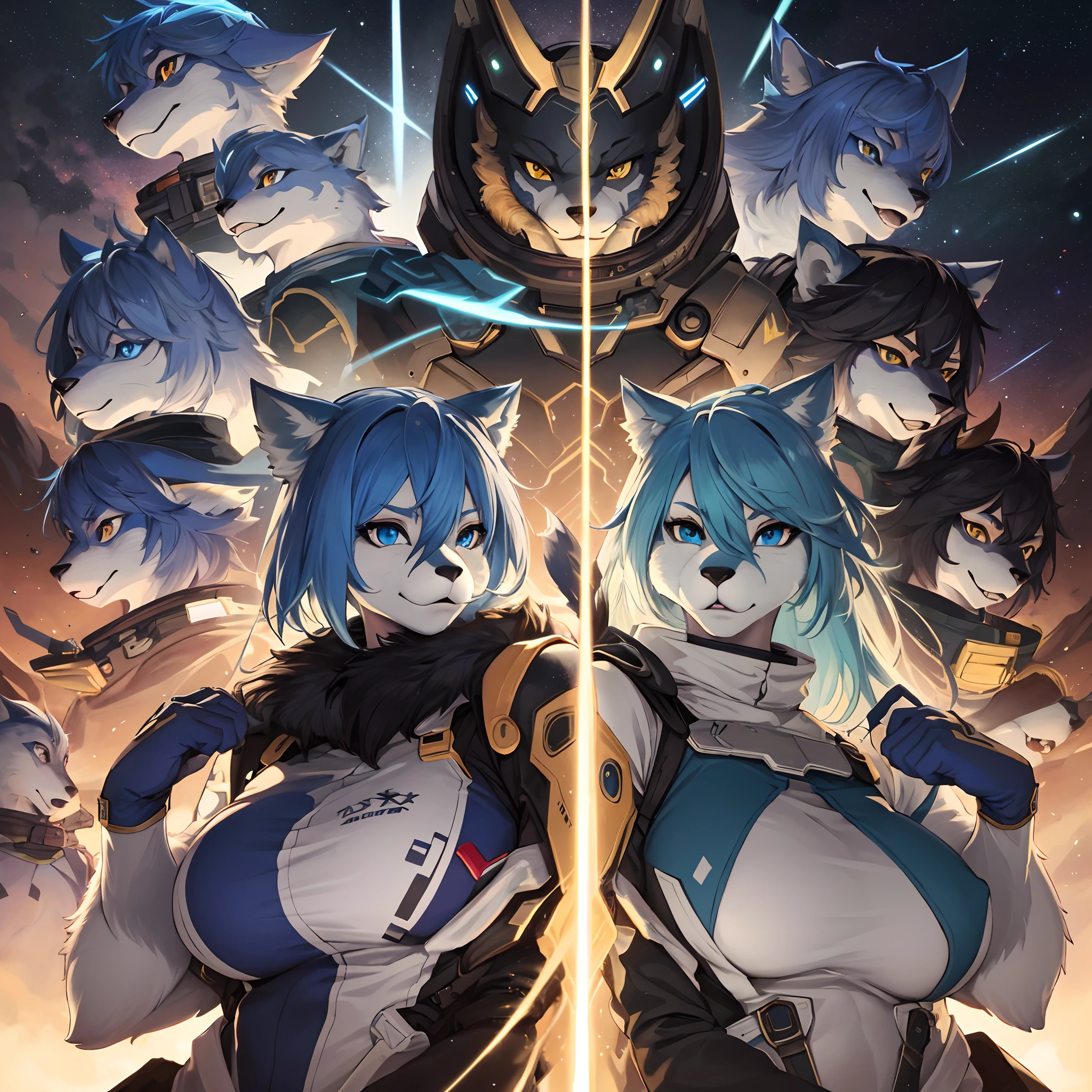 highres, top quality, best quality, paid reward available, High-quality illustrations, unparalleled masterpiece(battle movie of space ship interior)STAR Ocean, Cosmic suit, 6+boys, 6+girls(furry anthro:1.7)absurdres(highly detailed beautiful face and eyes)perfect anatomy, expression, caustics, dynamic lighting, lens flare, deep shadow, assorted poses, dynamic angle,