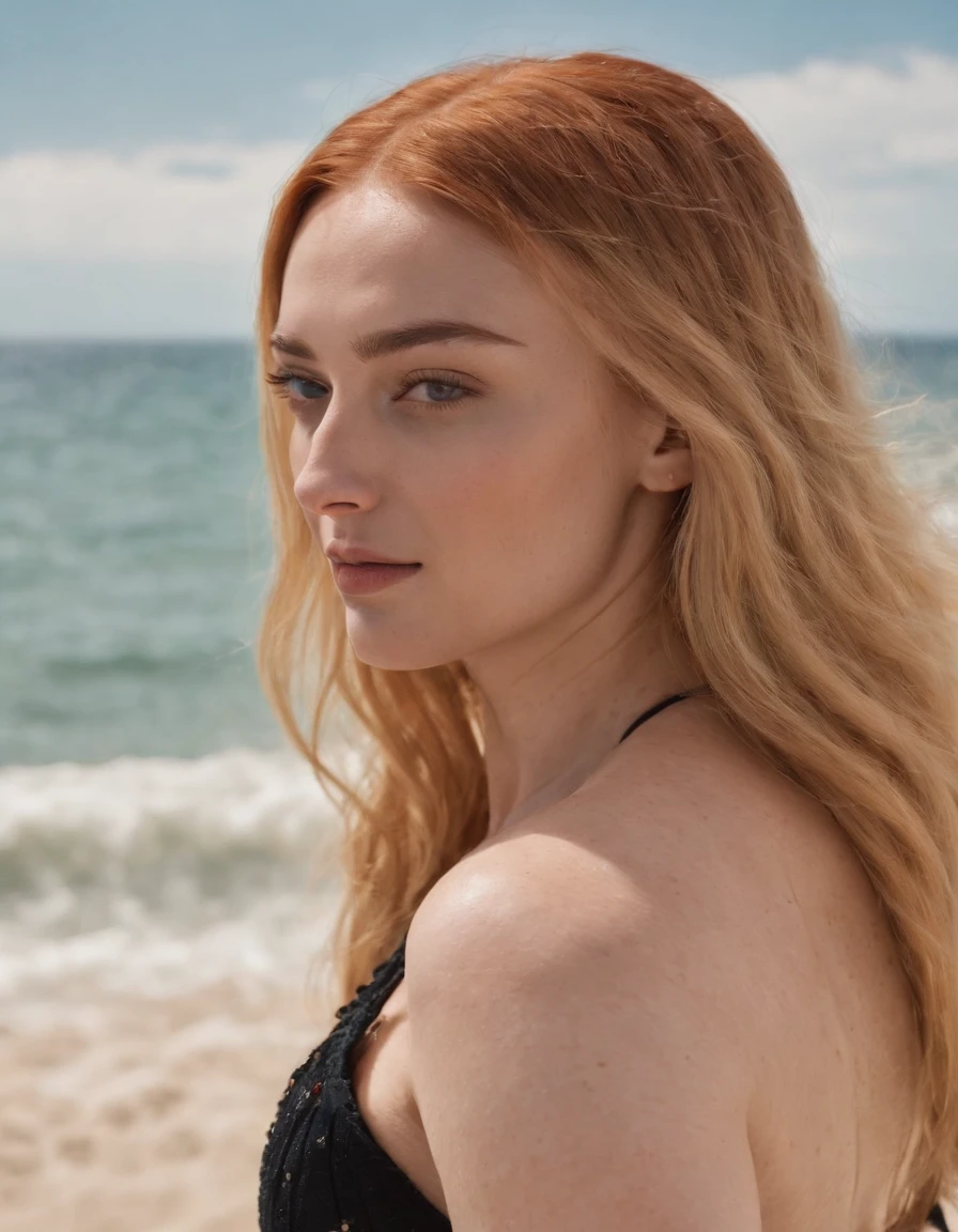Sophie Turner in swimsuit on the beach , Cielo despejado en el fondo, , Pose del modelo, sunny day, Foto de alta calidad