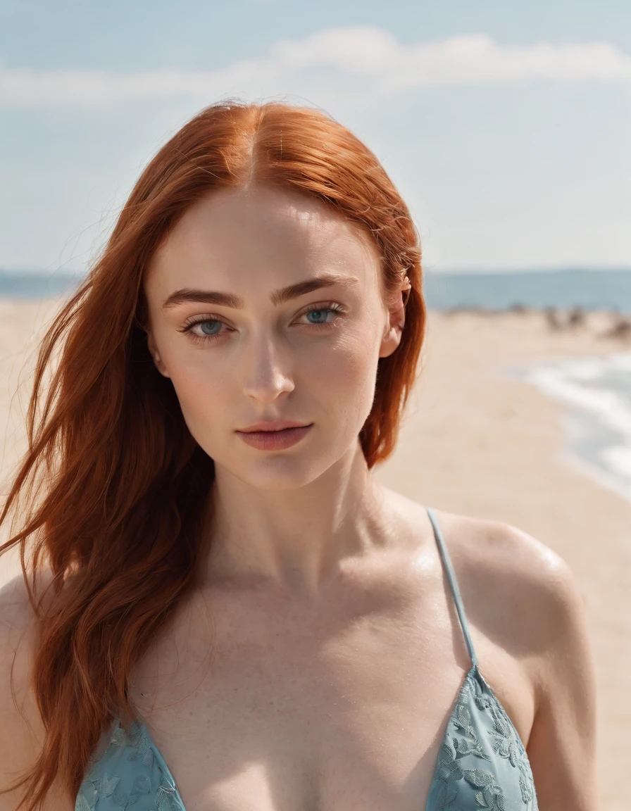 Sophie Turner in swimsuit on the beach , Cielo despejado en el fondo, , Pose del modelo, sunny day, Foto de alta calidad