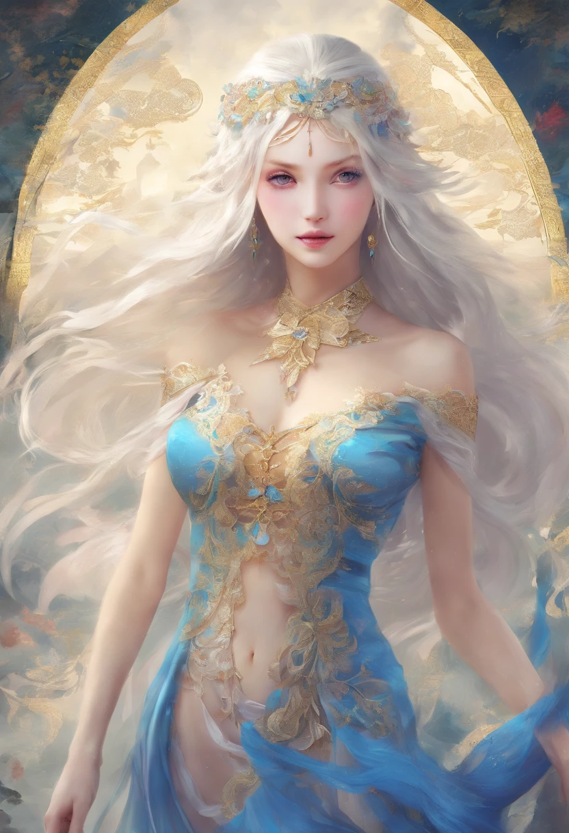 Women with long hair, Golden white hair, Blue Eyes, Flat breasts, Okay, some., Slender Legs, Erotica, No clothes., Fluttering shawl, Traditional Chinese backdrop