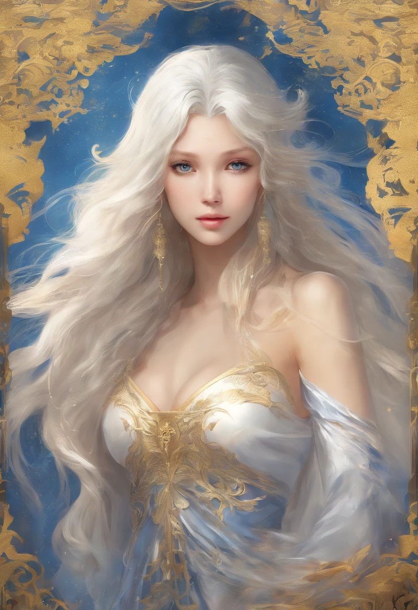Women with long hair, Golden white hair, Blue Eyes, Flat breasts, Okay, some., Slender Legs, Erotica, No clothes., Fluttering shawl, Traditional Chinese backdrop