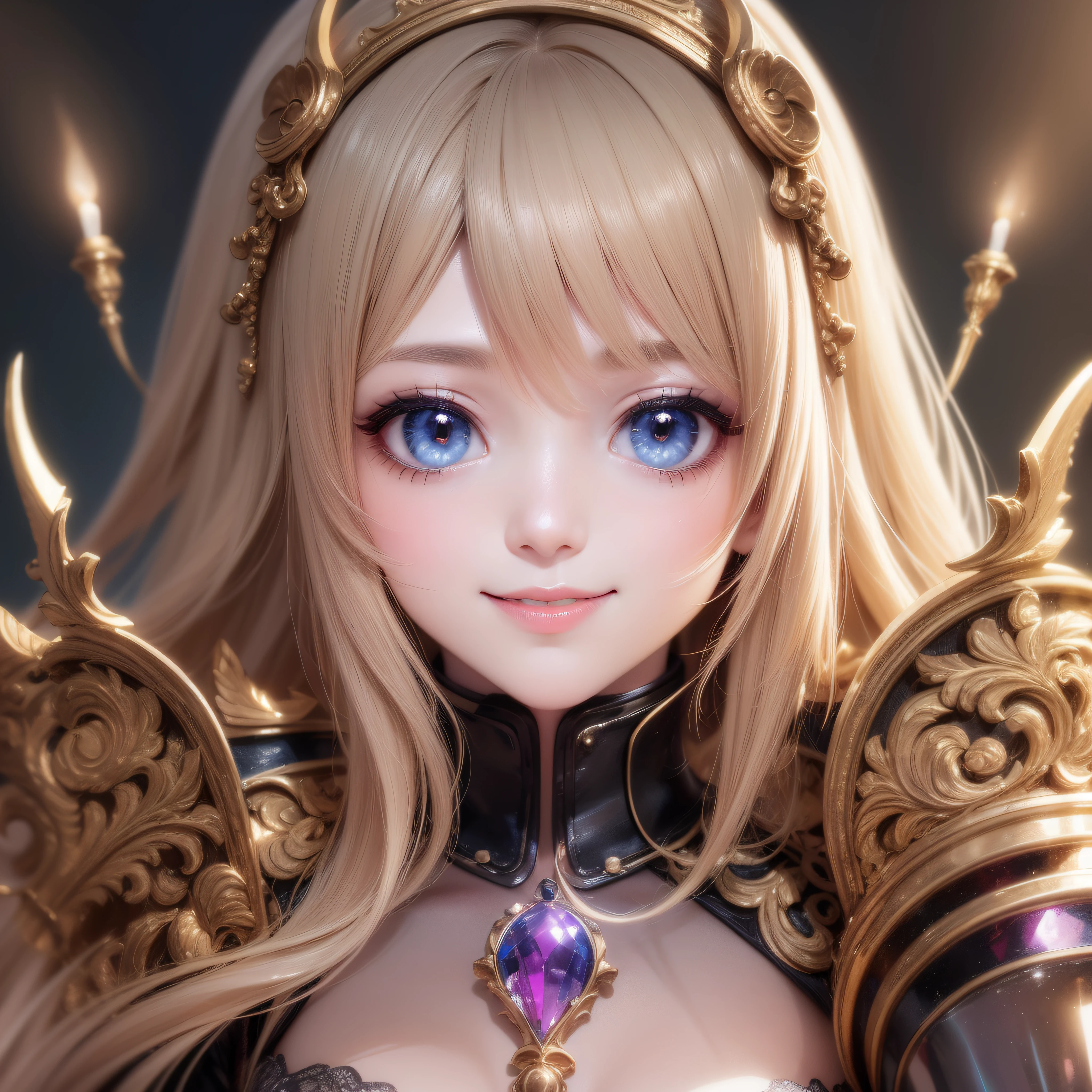 Close up of a smile with the corners of the mouth raised、Smiling Armor Doll、Armor Girl、Armor costumes、Cosplay、(realisitic、hight resolution)、(1 girl in)、Armor Girl、Do-Up Eye、Korean Girl、(Best Quality), (masutepiece), (1girl in), Solo, a beauty girl, Perfect face, dreamlikeart、Highly detailed airbrush art((Surreal))、Volumetric lighting、(top-quality)、The ultra-detailliert、(The composition of the movement:1.4)、Highly detailed colorful details、(Bright lighting)、dynamic compositions、Ray traching、The mirror reflects light、Shallow depth of field、ultra-detailliert、mixing  exposure、nffsw、Her eyes are glowing pink、Her face is full of anticipation and courage、A smile appears on the lips of a girl。 At the rear、The sun is slowly tilting to the west。Her eyes are clearly glowing pink。
