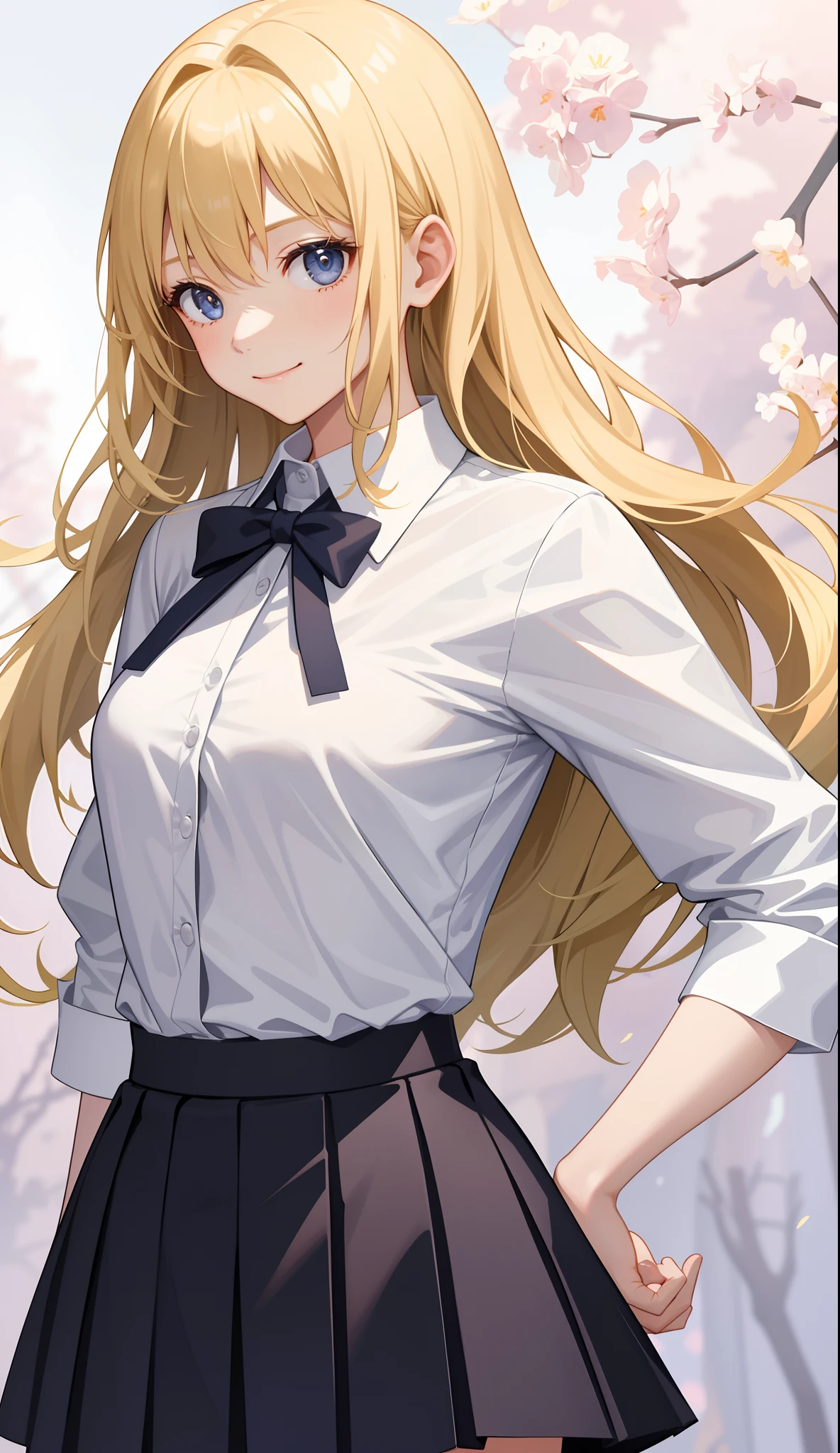 1girl in、AS-Adult、A smile、The shirt、skirt by the、(small tits)、Upper body portrait、(blonde hair)、