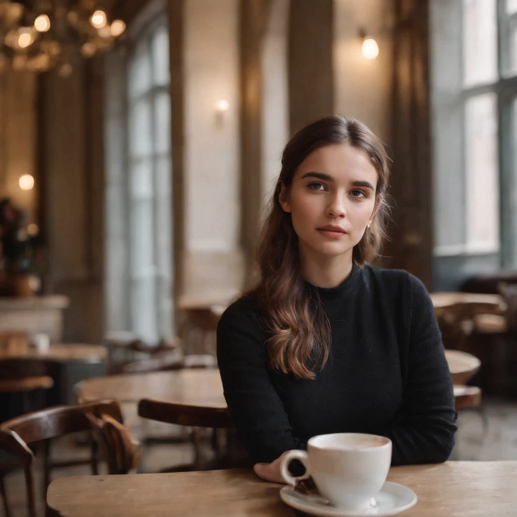 Image of a young woman sitting in a café, with a cup of tea and an open notebook in front of you. Ela parece perdida em pensamentos. You can't see the woman's face from the angle of the photo.