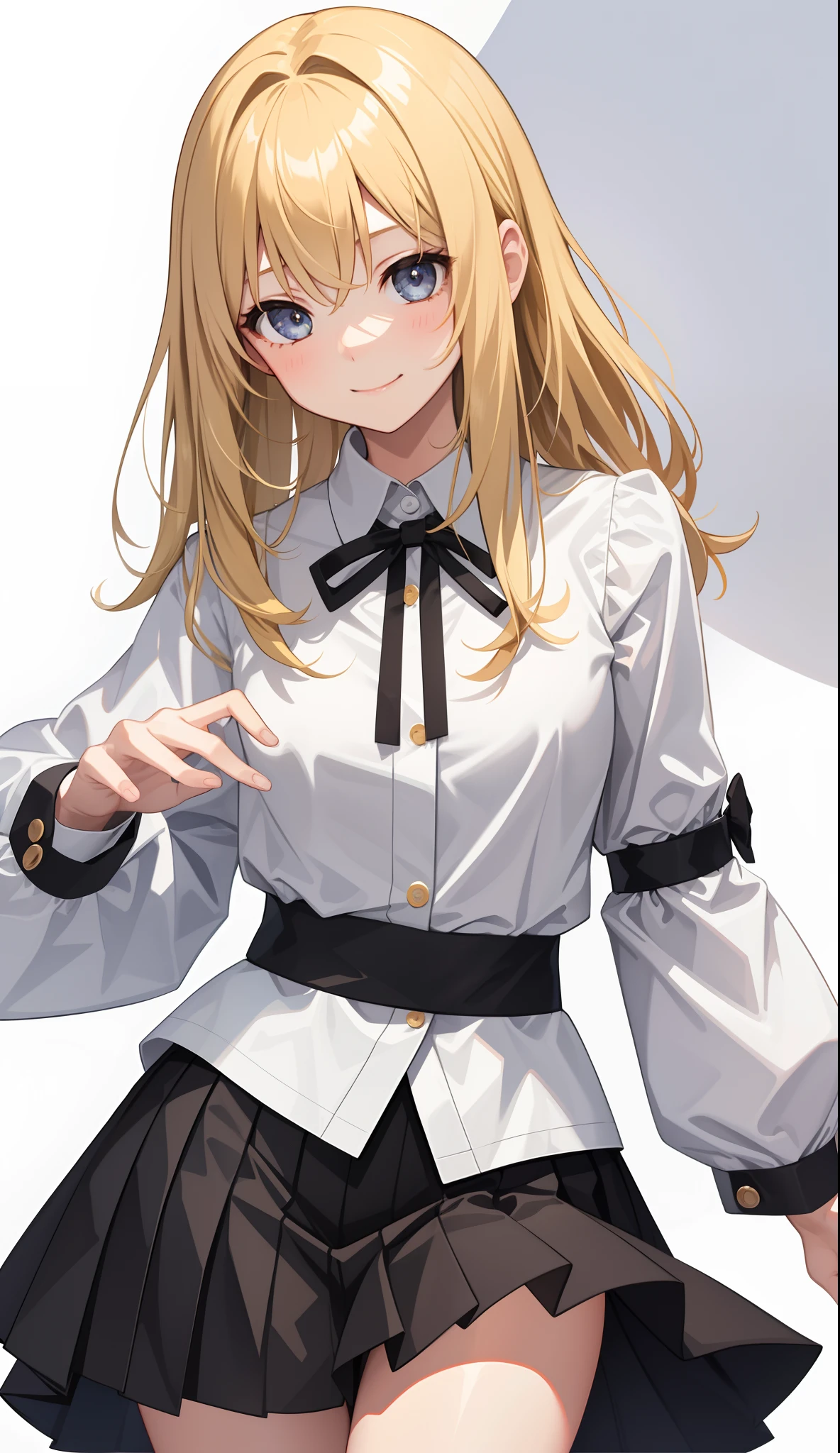 1girl in、AS-Adult、A smile、The shirt、skirt by the、(small tits)、Upper body portrait、(blonde hair)、