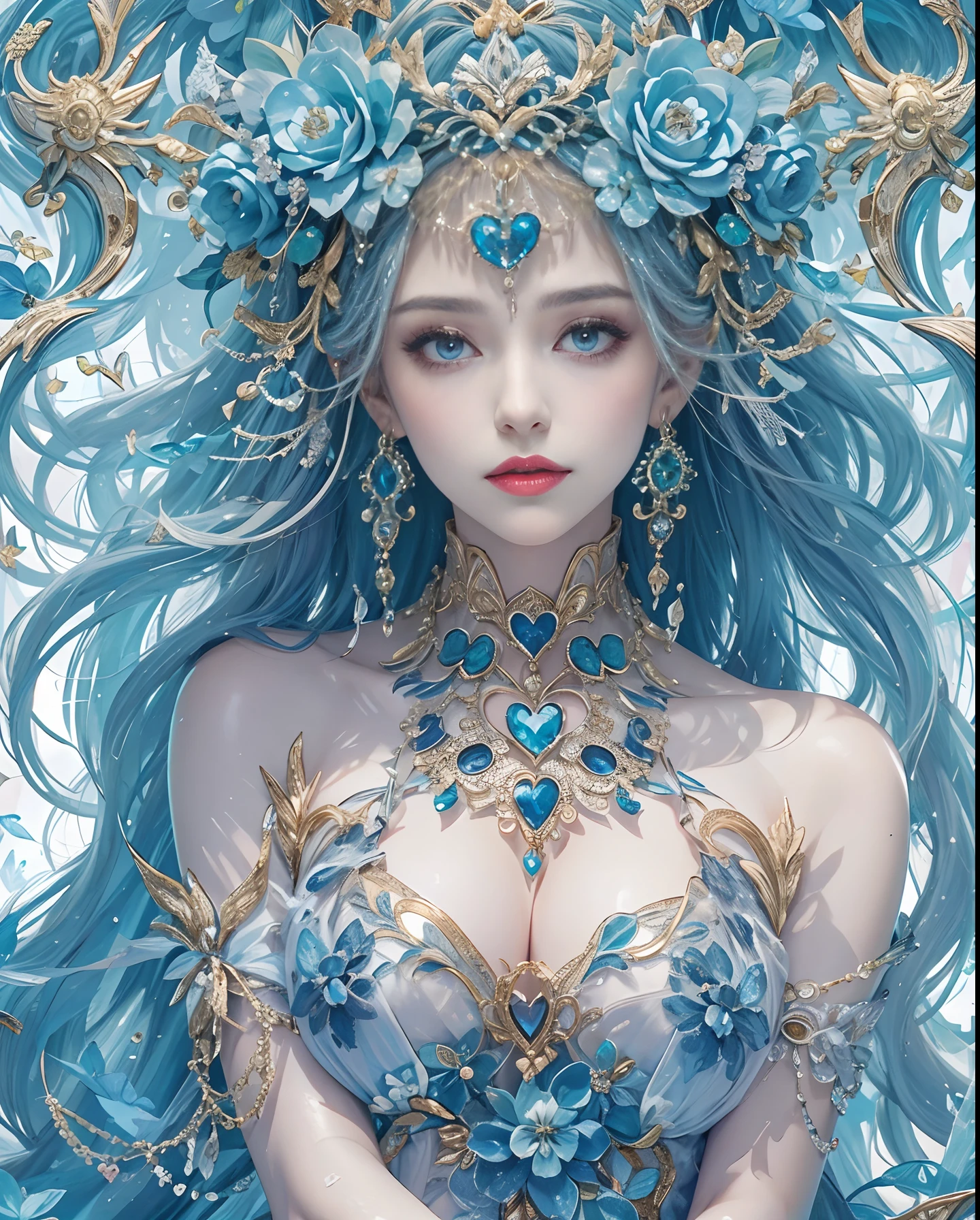 (masutepiece, of the highest quality, Best Quality, Official art, Beautiful and aesthetic:1.2), (1 Fantasy Girl), Extremely detailed, Glamorous Jewelry, long shapeless hair, (Fractal Art:1.3),Colorful,Highest detail.Express in the form of a heart、Ornaments in the shape of a blue heart、Use a lot of heart shapes、Use a lot of blue heart shapes in the background、Use a lot of blue、use a lot of blue flowers、Inlaid with blue heart-shaped jewelry、Heart-shaped bokeh、Angle from above the knee、Breasts are small and B size、A slender、Cleavage is visible。Paws are thin and beautiful,the skin is white and transparent,high-heels、Gold Anklet、Ornaments made of ruby、Blue Gemstones、
