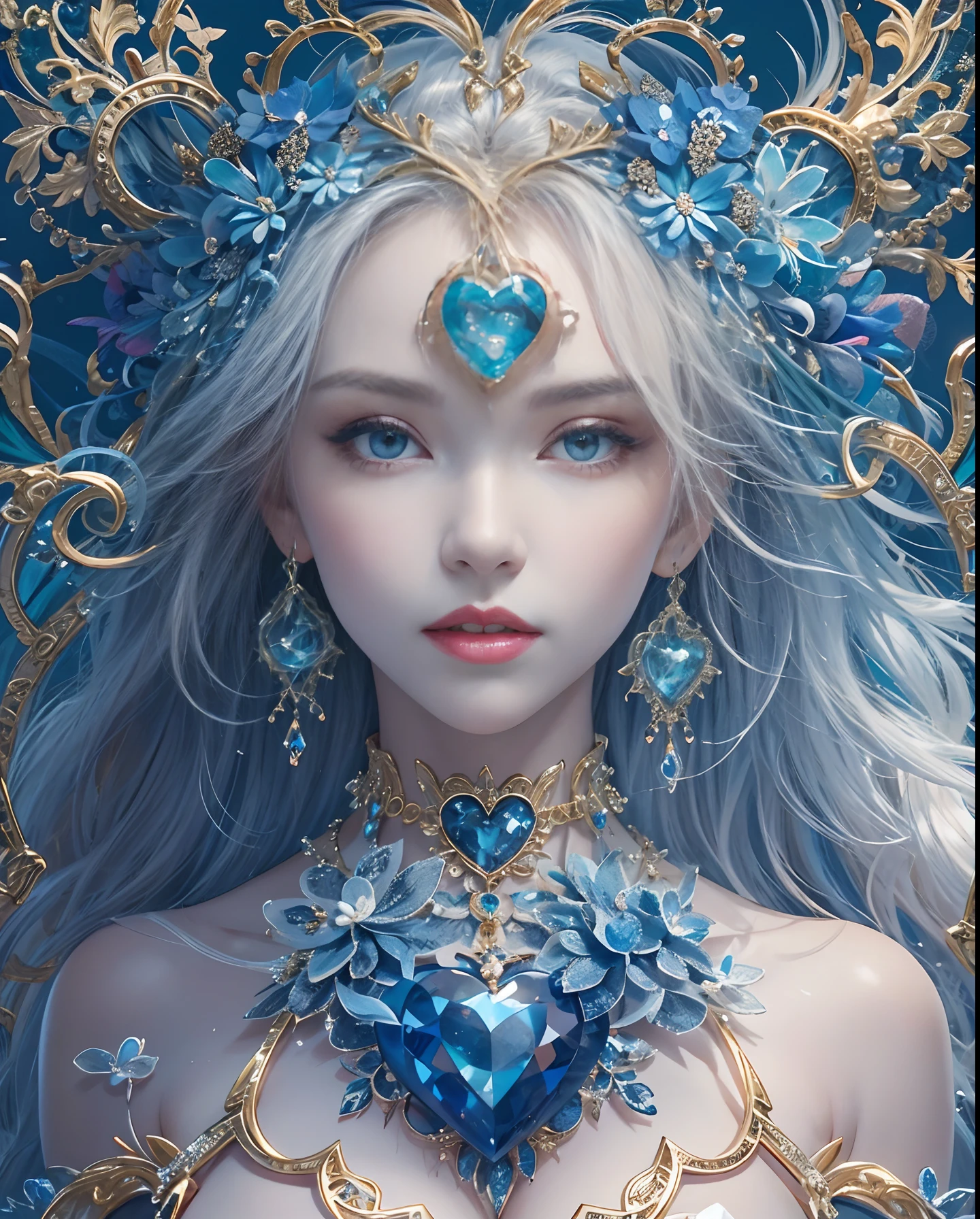 (masutepiece, of the highest quality, Best Quality, Official art, Beautiful and aesthetic:1.2), (1 Fantasy Girl), Extremely detailed, Glamorous Jewelry, long shapeless hair, (Fractal Art:1.3),Colorful,Highest detail.Express in the form of a heart、Ornaments in the shape of a blue heart、Use a lot of heart shapes、Use a lot of blue heart shapes in the background、Use a lot of blue、use a lot of blue flowers、Inlaid with blue heart-shaped jewelry、Heart-shaped bokeh、Angle from above the knee、Breasts are small and B size、A slender、Cleavage is visible。Paws are thin and beautiful,the skin is white and transparent,high-heels、Gold Anklet、Ornaments made of ruby、Blue Gemstones、