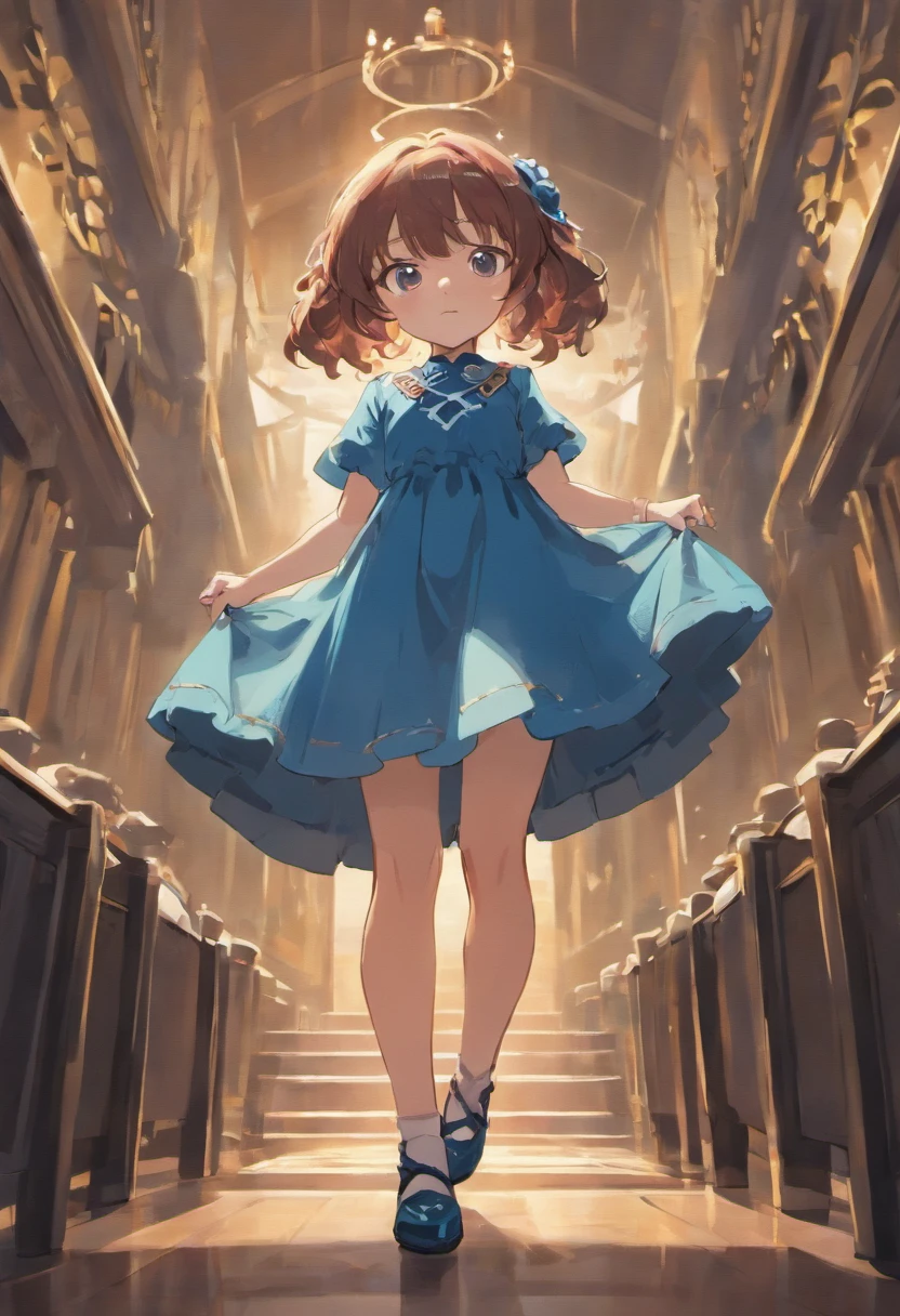 Little girl with flats shoes and a blue dress, cabello negro, cabello rizado, una diadema
