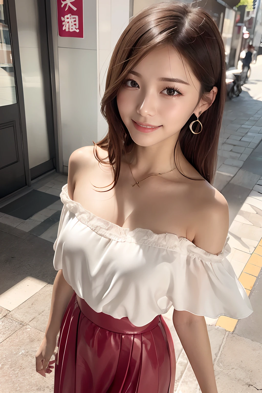 (masutepiece:1.3), High resolution, ultra-detailliert, the Extremely Detailed CG Unity 8K Wallpapers, Realistic, Photorealsitic, Raw photo, beautifull detailed face, pale skin, realistic glistening skin, Detailed Cloth Texture, detailed hair texture, Perfect body, Beautiful face, acurate, Anatomically correct, Highly detailed face and skin texture, Natural neck length, (Beautiful hands), (Fair skin:1.2), thin legs, Thin feet, Aligned teeth,
BREAK,
Detailed eyes, symmetrical eye, Light brown eyes, Double eyelids, Thin eyebrows, (Glossy lips:1.4), ((Shy smile:1.2)), (blush:1.1),
BREAK,
(Classy and cute girl:1.3), (Wearing an elegant one-shoulder white silk blouse:1.2), (long round skirt of red color,:1.2),
medium breasts, (Slender figure:1.1), Firm abs, Beautiful collarbone, Looking up at me,
(Dark blonde hair, Wavy Hair:1.1), ((Long hair:1.2)), ((asymmetrical bangs:1.2)), (upperbody shot:1.2), (From above)
BREAK,
((Walk arm in arm with me:1.2)), ((On the wide street of Ikebukuro)),