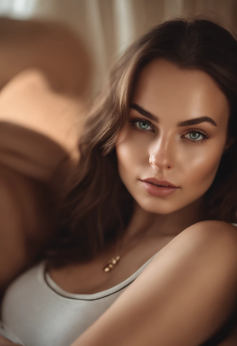 arafed woman with a white tank top and a necklace, large breast, sexy girl with green eyes, portrait sophie mudd, brown hair and large eyes, selfie of a young woman, bedroom eyes, violet myers, without makeup, natural makeup, looking directly at the camera, face with artgram, subtle makeup, stunning full body shot