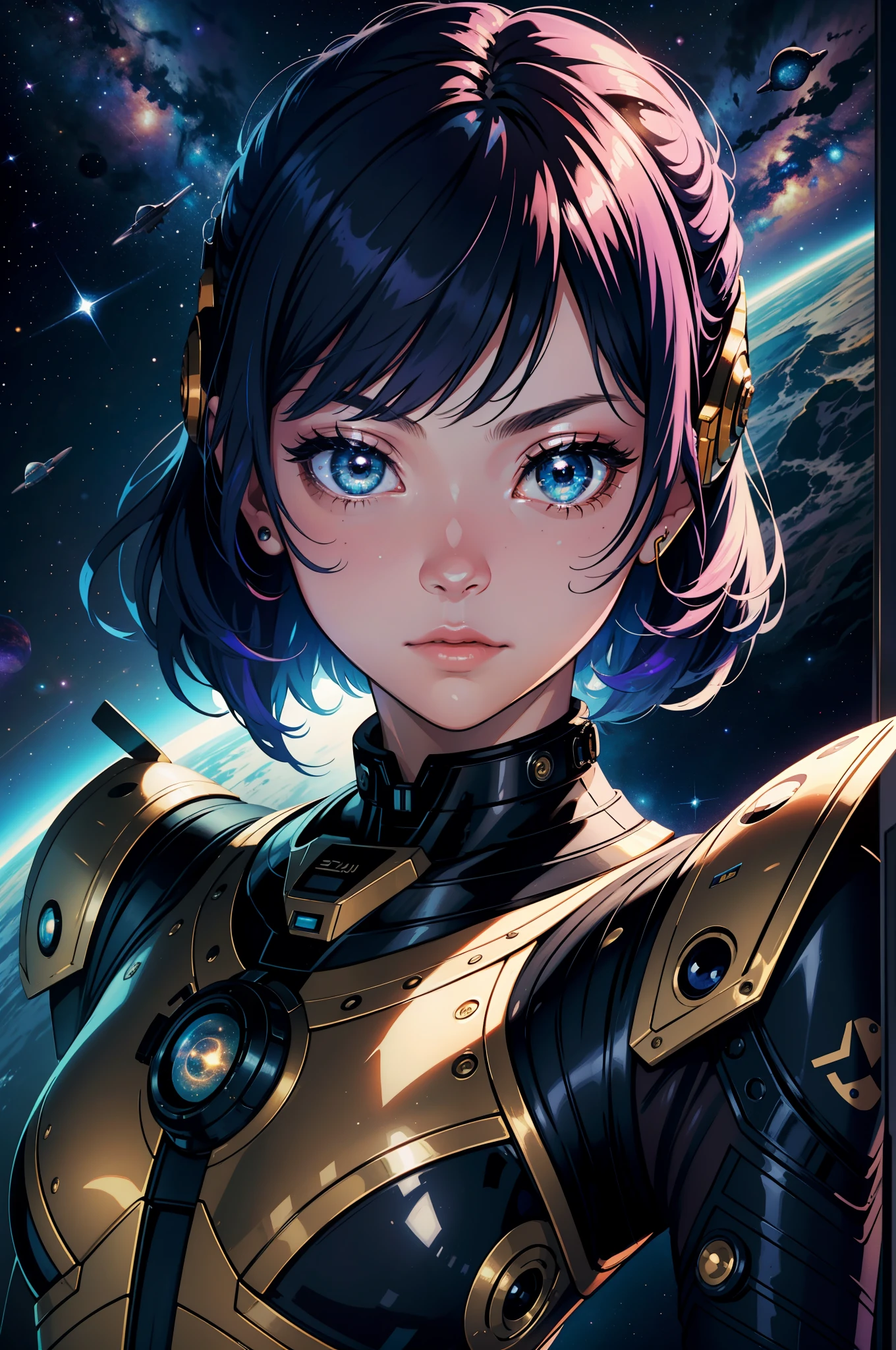 Space Girl,space suit, space, Masterpiece, Best quality, Technological, high - tech, Intricate, Detailed, absurderes, 1girll, Cute, Perfect face, space, window, Gorgeous, Stardust,cosmic, the wallpaper, Cinematic,comparing, Colorful, Perfect eyes, Sensual,magic, size, Stardust, Futuristic